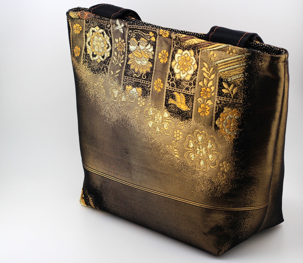 Vintage obi tote bag - orange and gold flowers