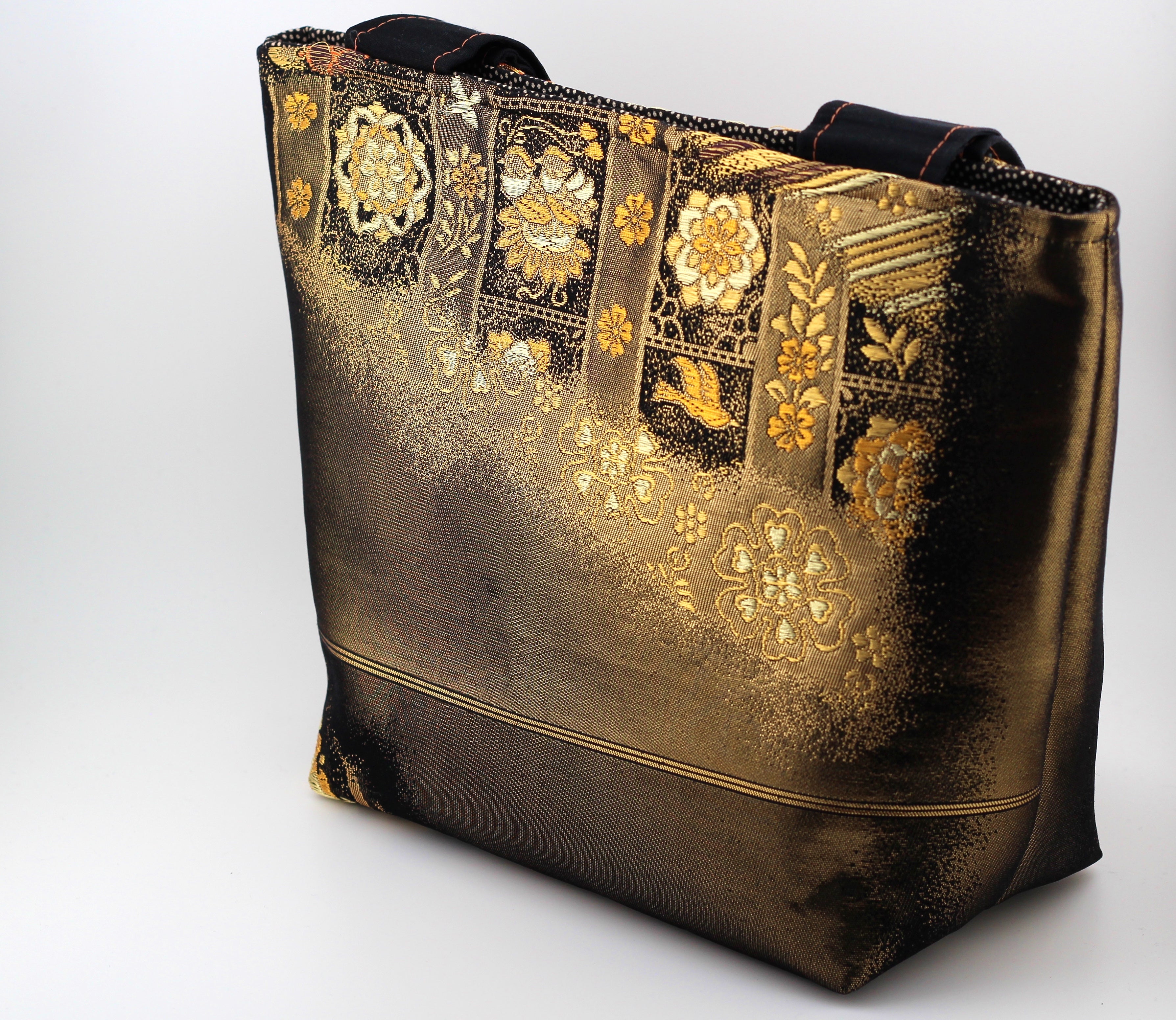 Vintage obi tote bag - orange and gold flowers
