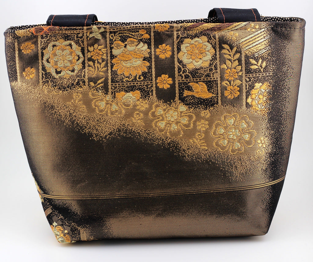 Vintage obi tote bag - orange and gold flowers