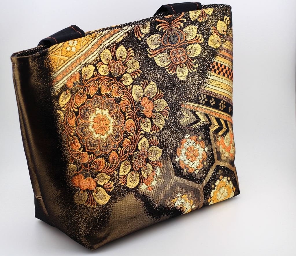 Vintage obi tote bag - orange and gold flowers