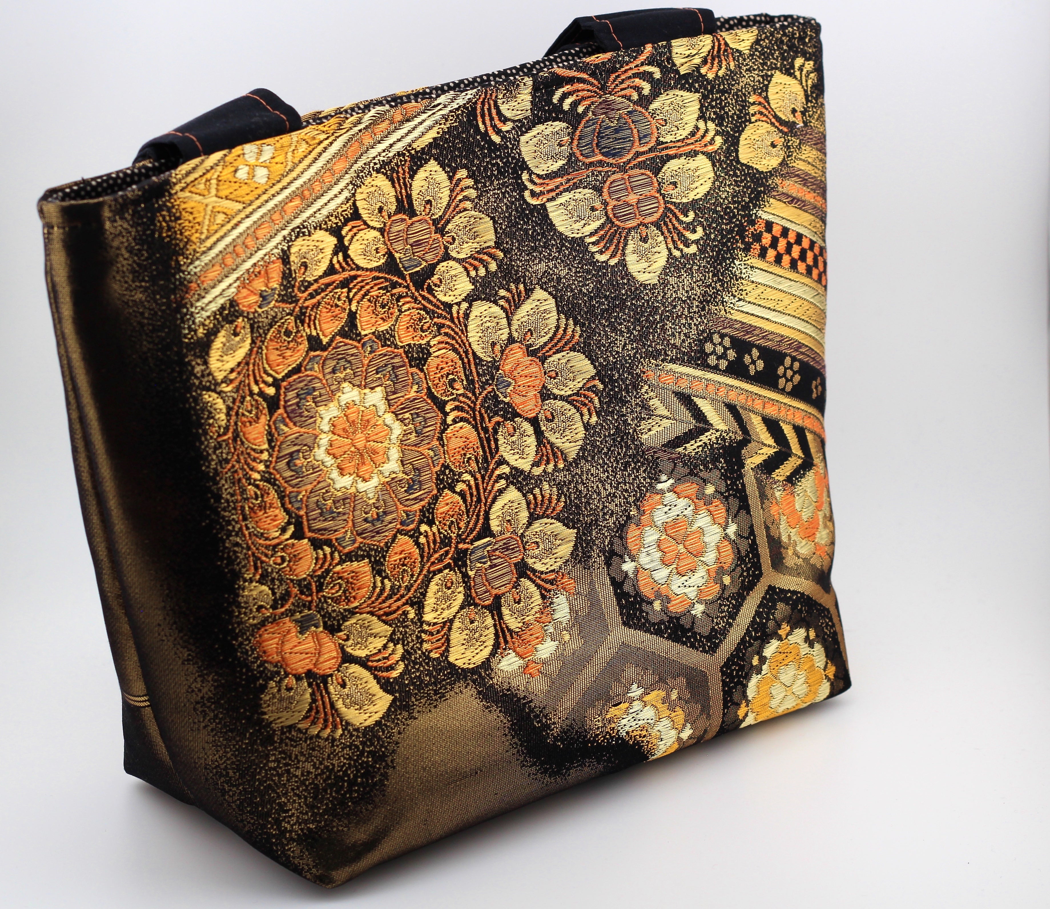 Vintage obi tote bag - orange and gold flowers