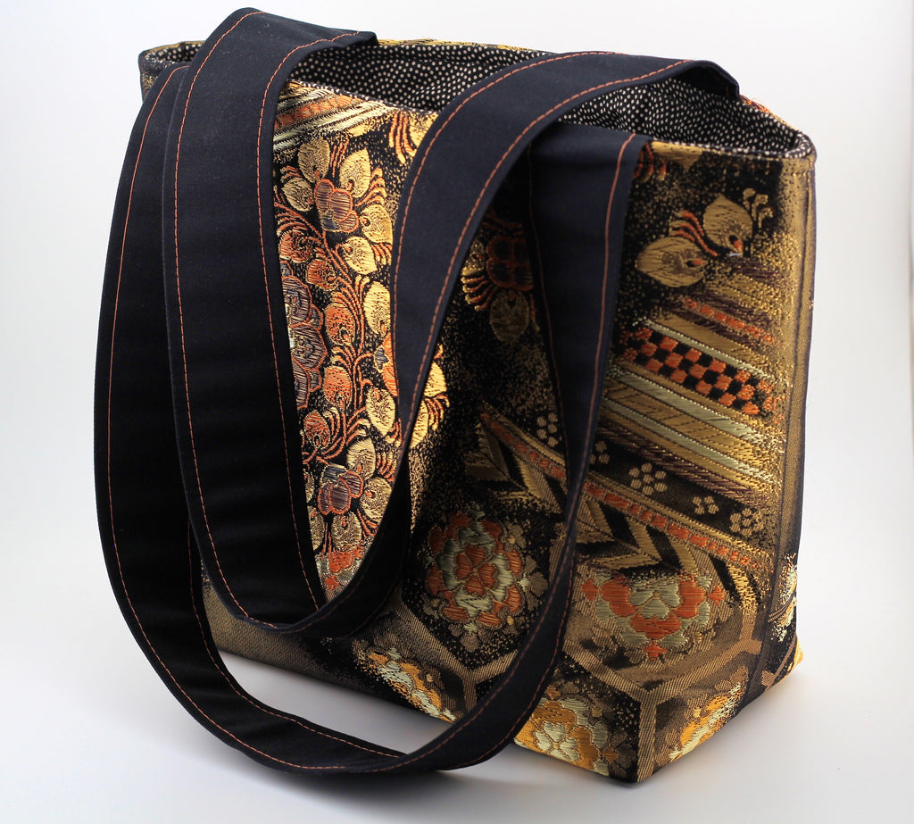 Vintage obi tote bag - orange and gold flowers