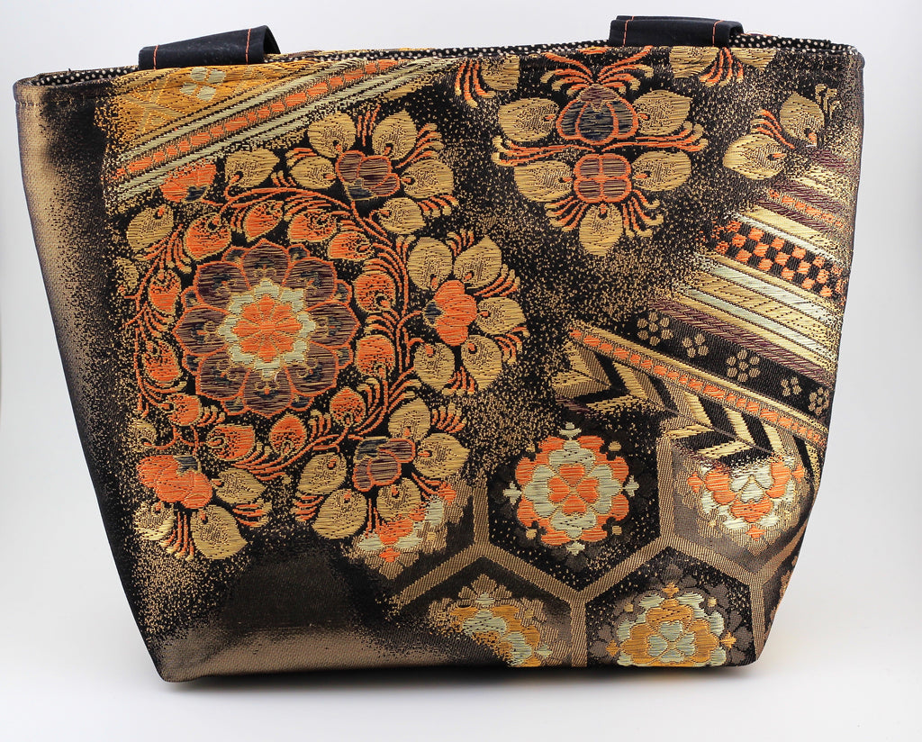 Vintage obi tote bag - orange and gold flowers