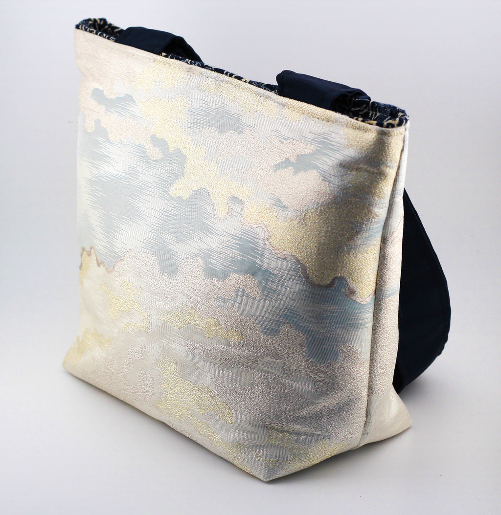 Vintage obi tote bag - silver and gold clouds