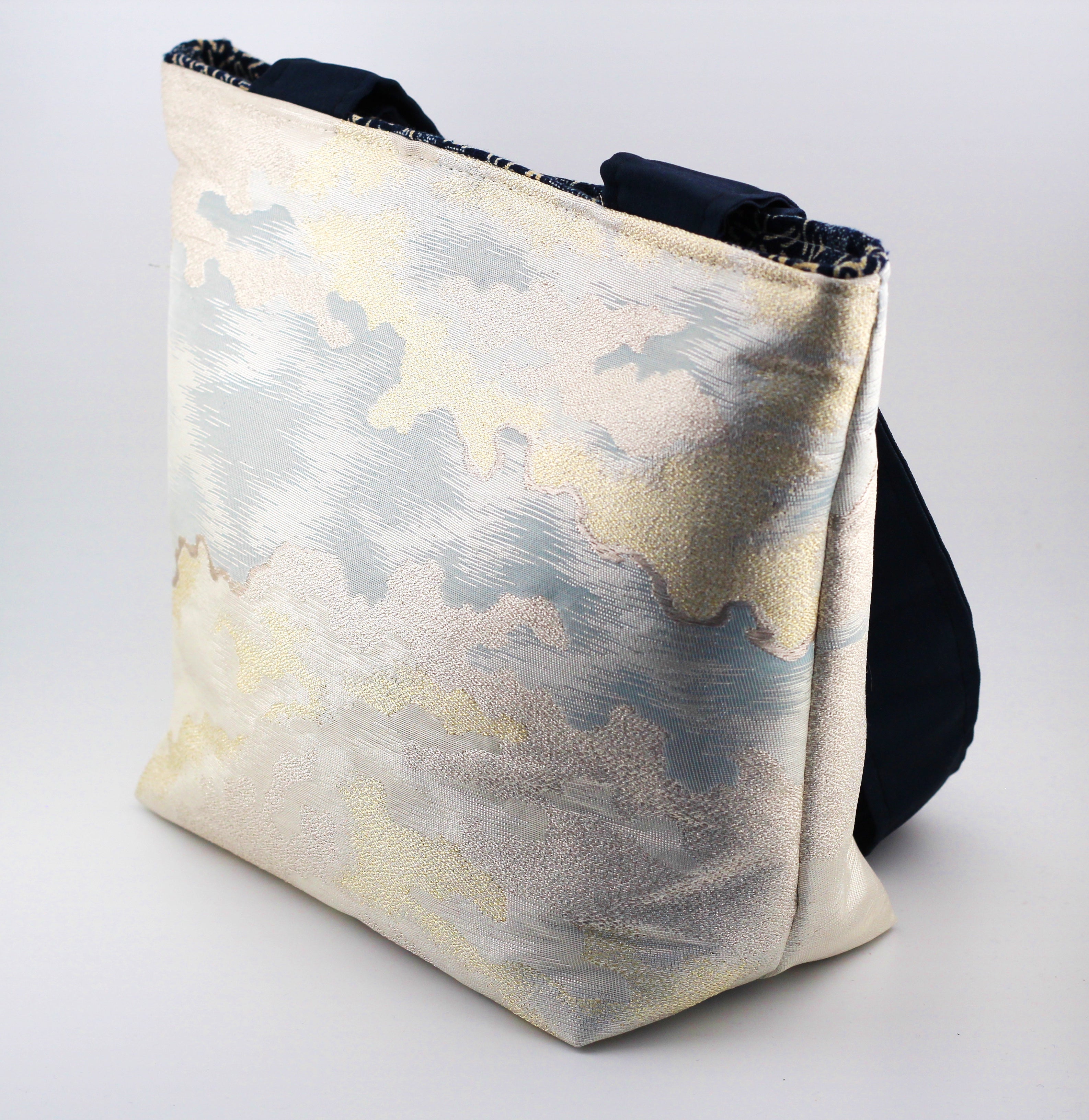 Vintage obi tote bag - silver and gold clouds