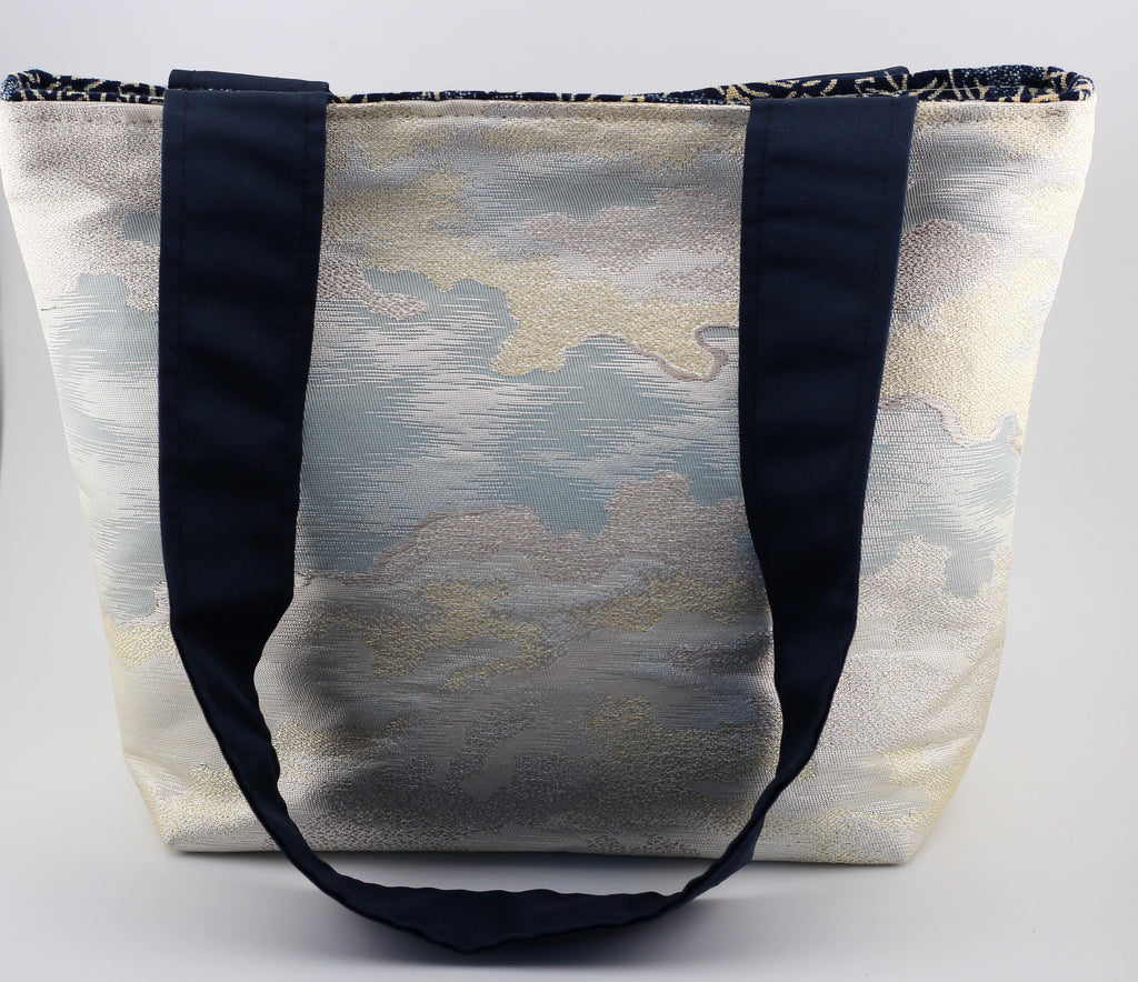 Vintage obi tote bag - silver and gold clouds