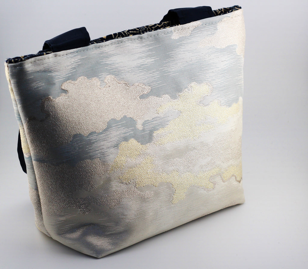 Vintage obi tote bag - silver and gold clouds