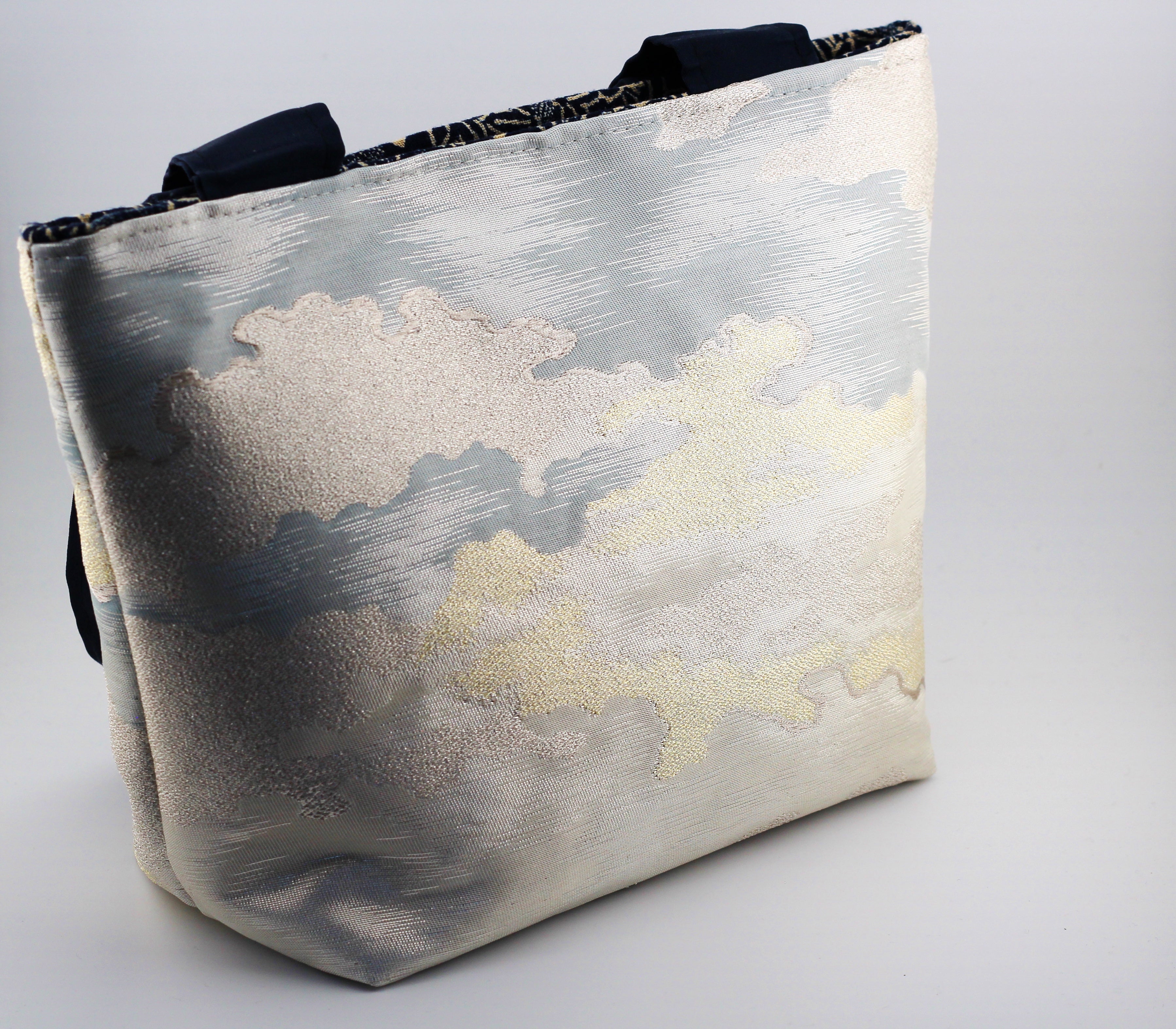 Vintage obi tote bag - silver and gold clouds