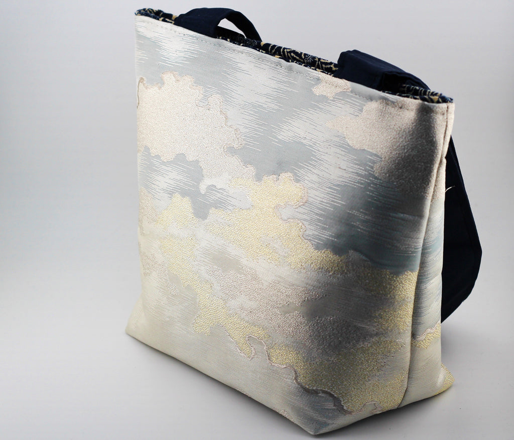 Vintage obi tote bag - silver and gold clouds
