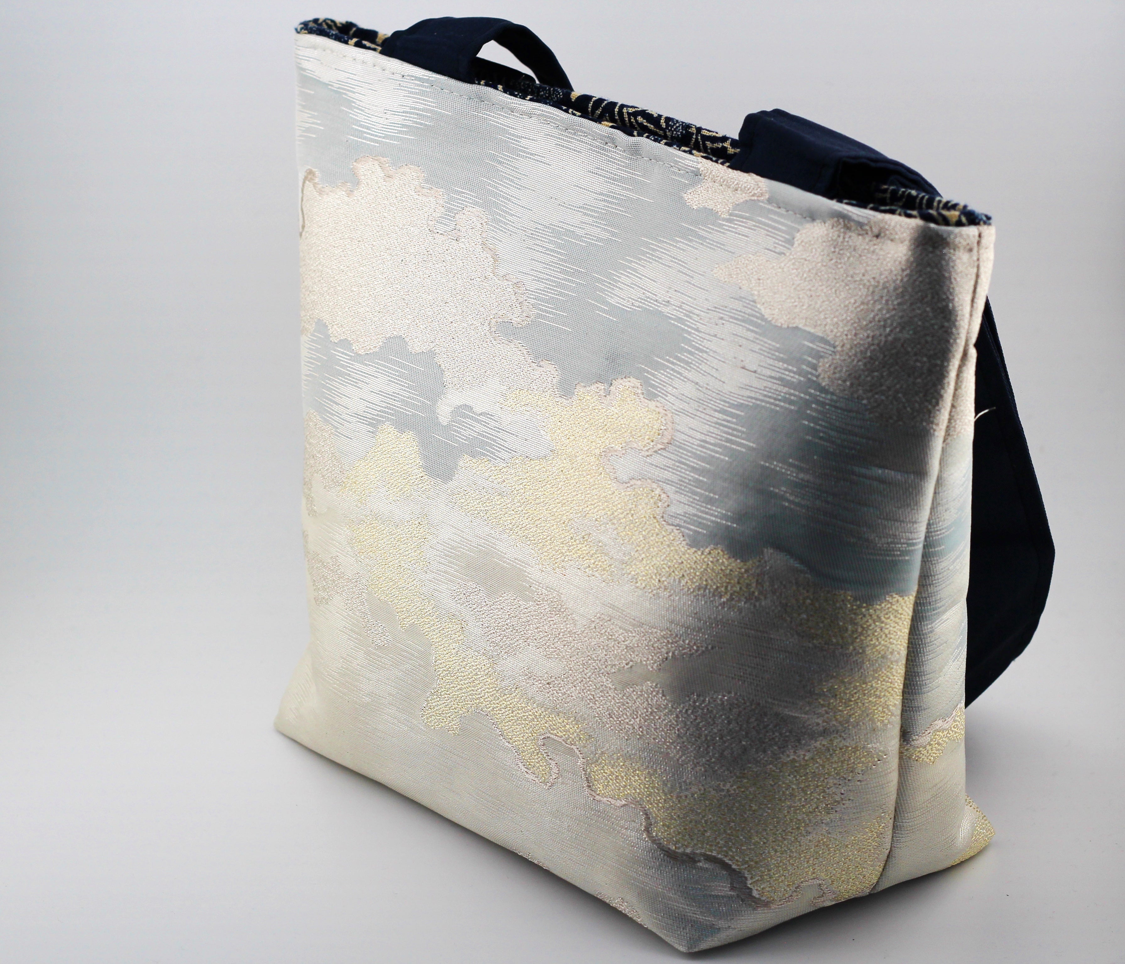 Vintage obi tote bag - silver and gold clouds
