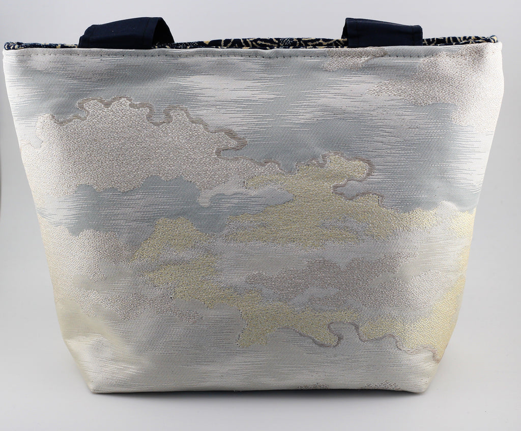 Vintage obi tote bag - silver and gold clouds