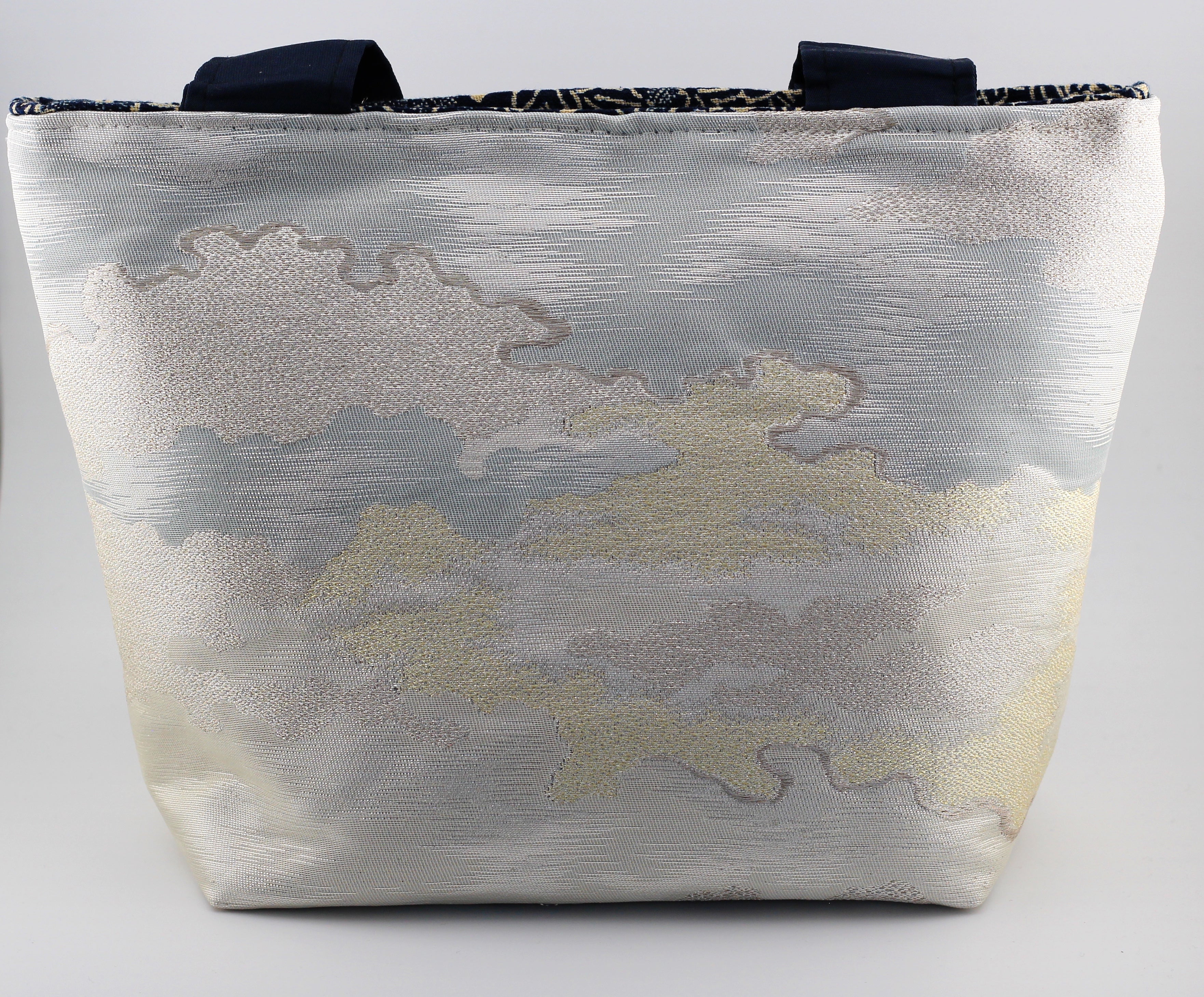 Vintage obi tote bag - silver and gold clouds