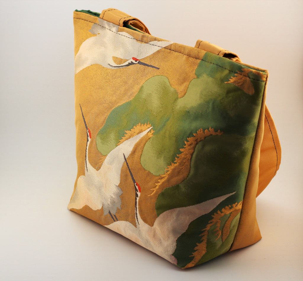 Vintage obi tote bag - golden cranes