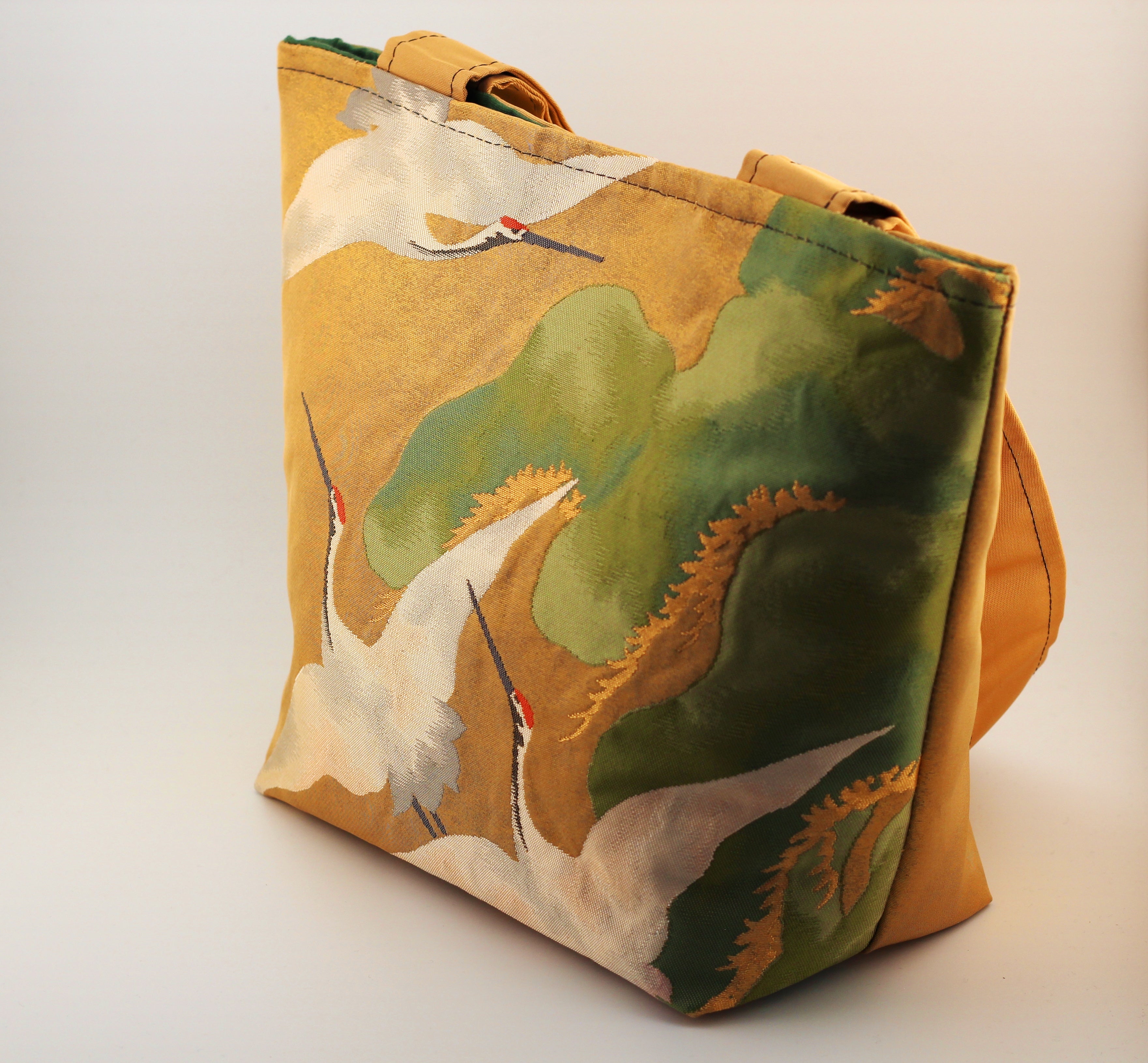 Vintage obi tote bag - golden cranes