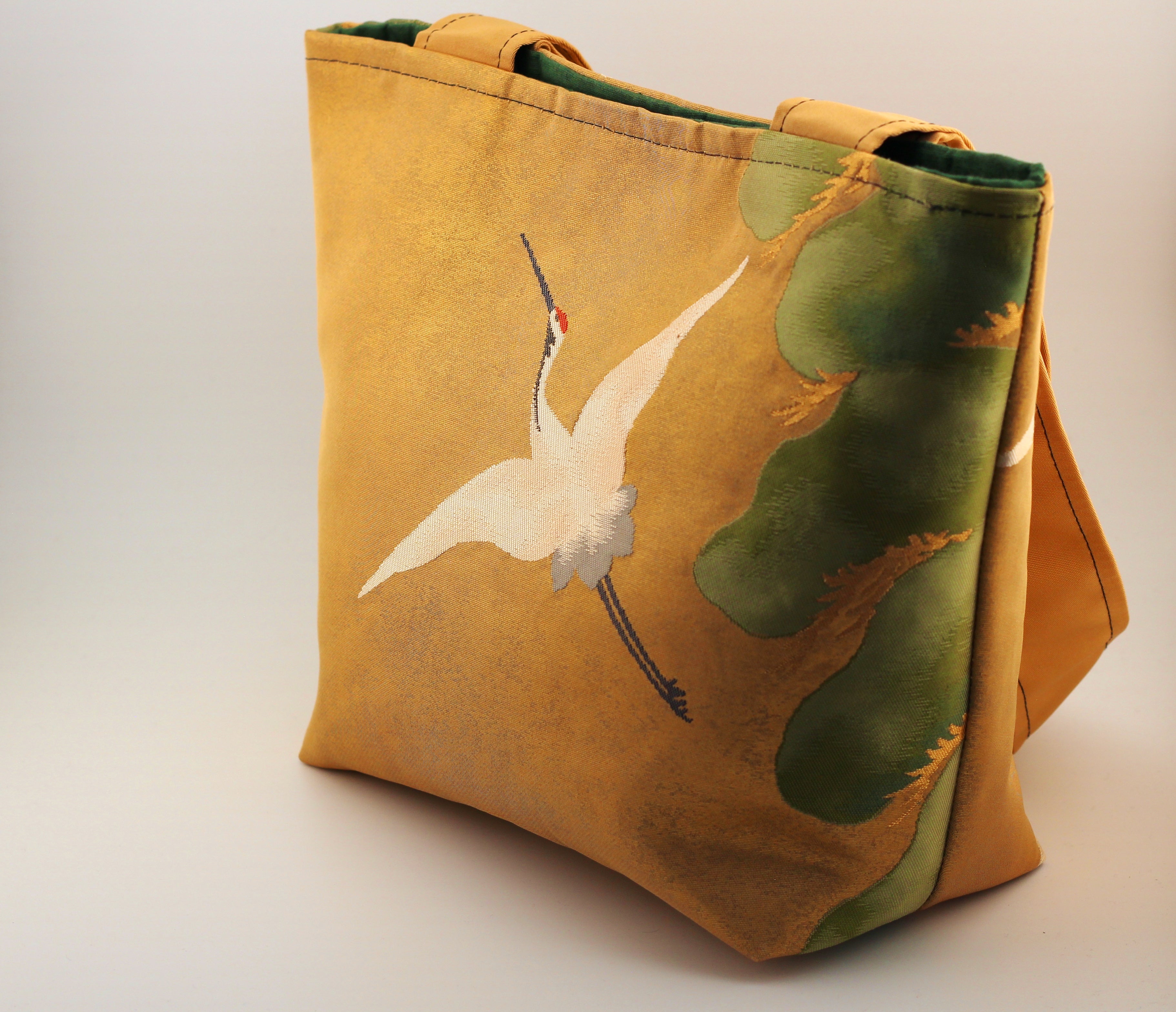 Vintage obi tote bag - golden cranes