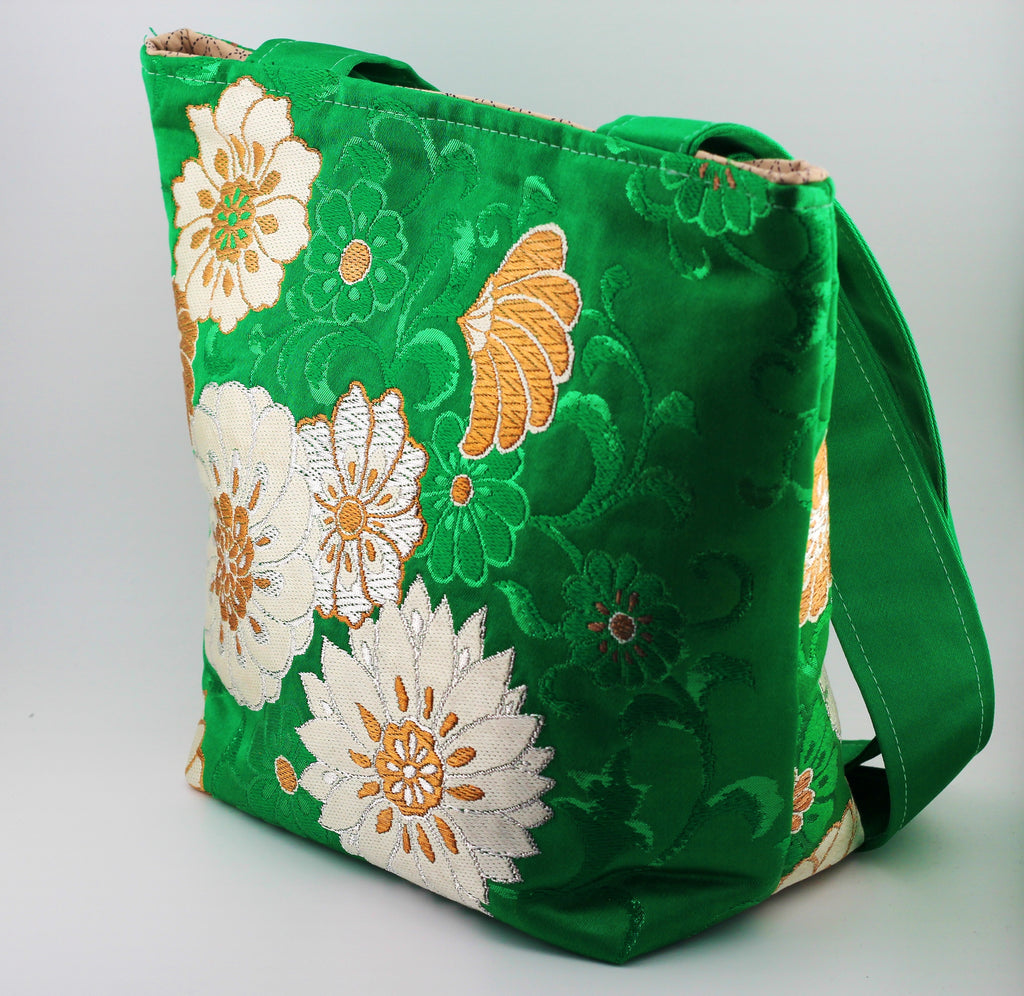 Vintage obi tote bag - green and gold flowers