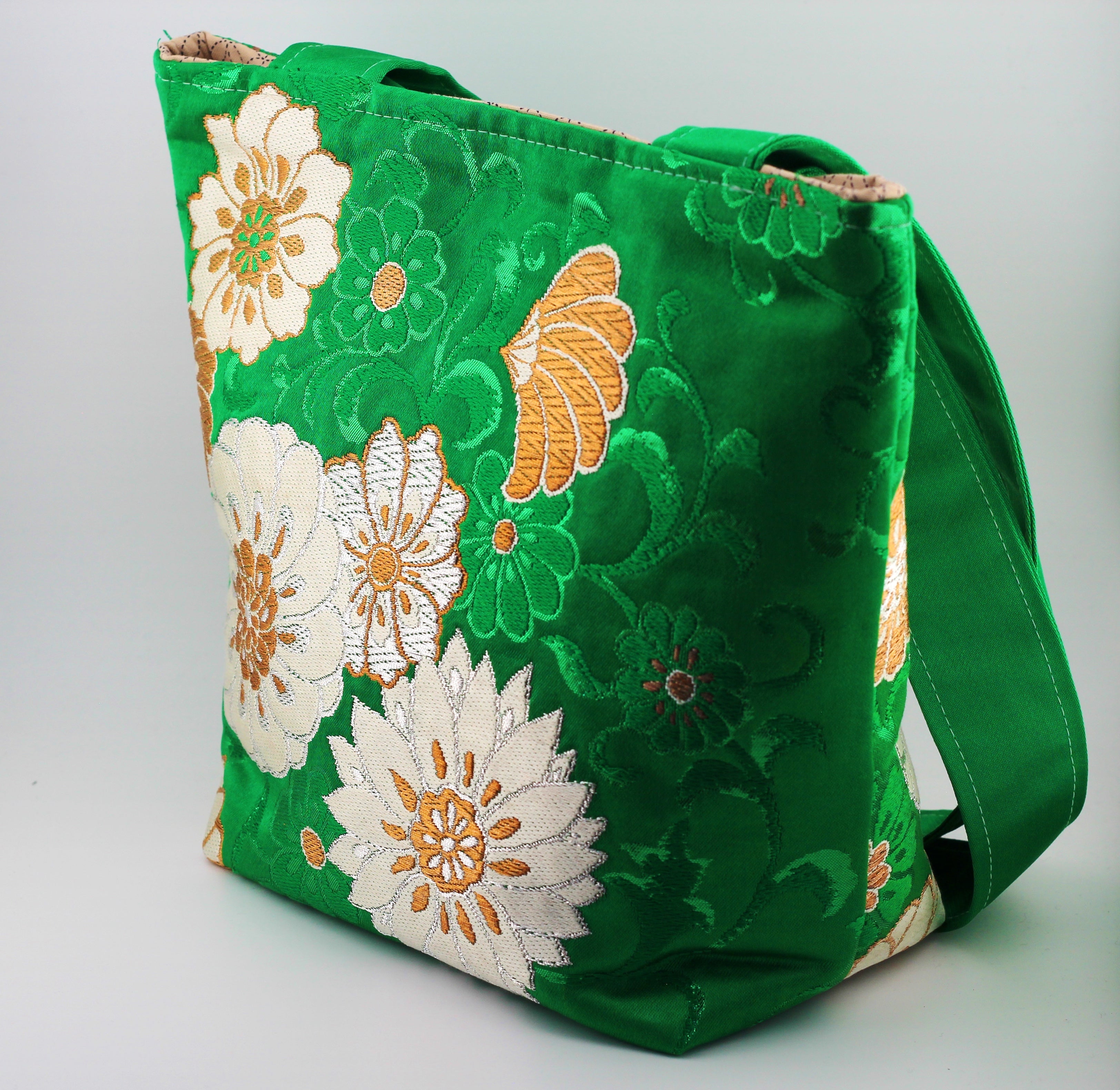 Vintage obi tote bag - green and gold flowers