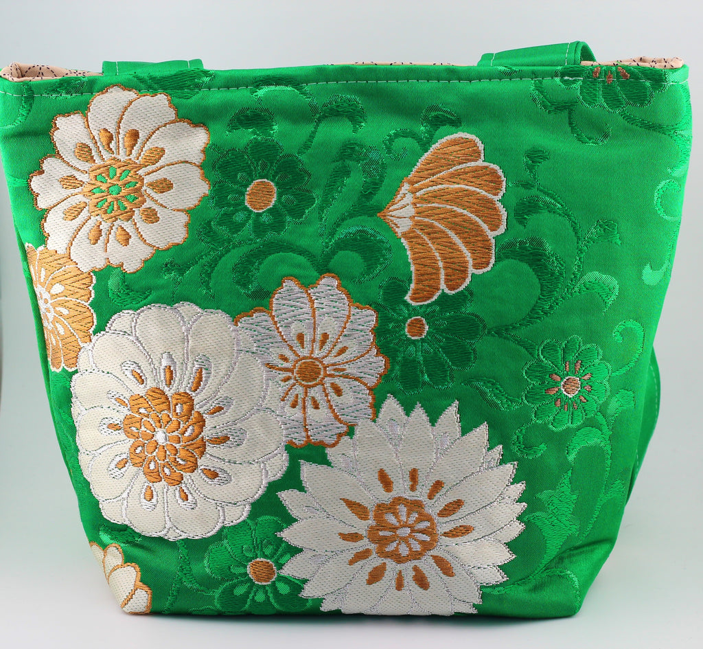 Vintage obi tote bag - green and gold flowers