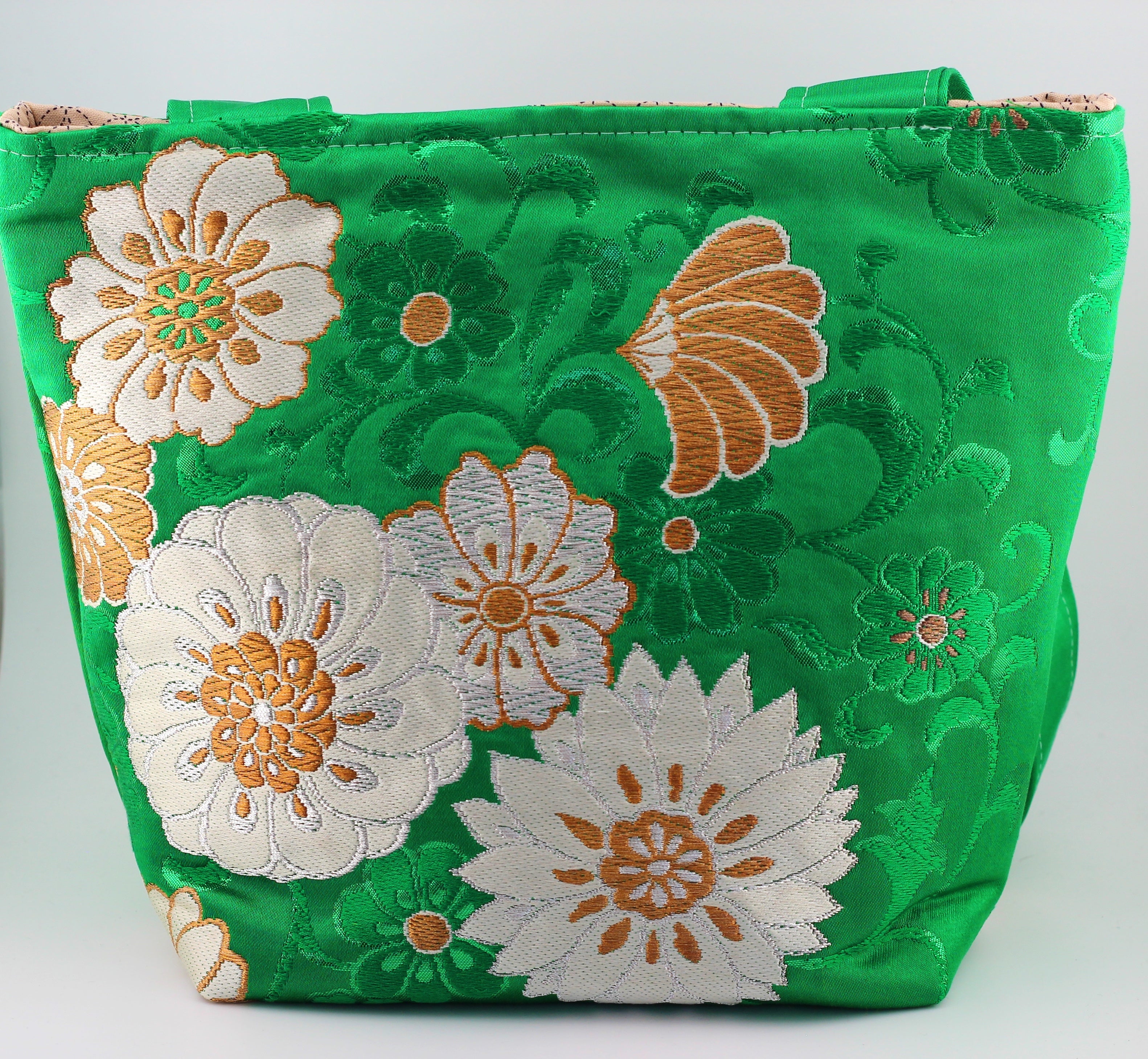 Vintage obi tote bag - green and gold flowers