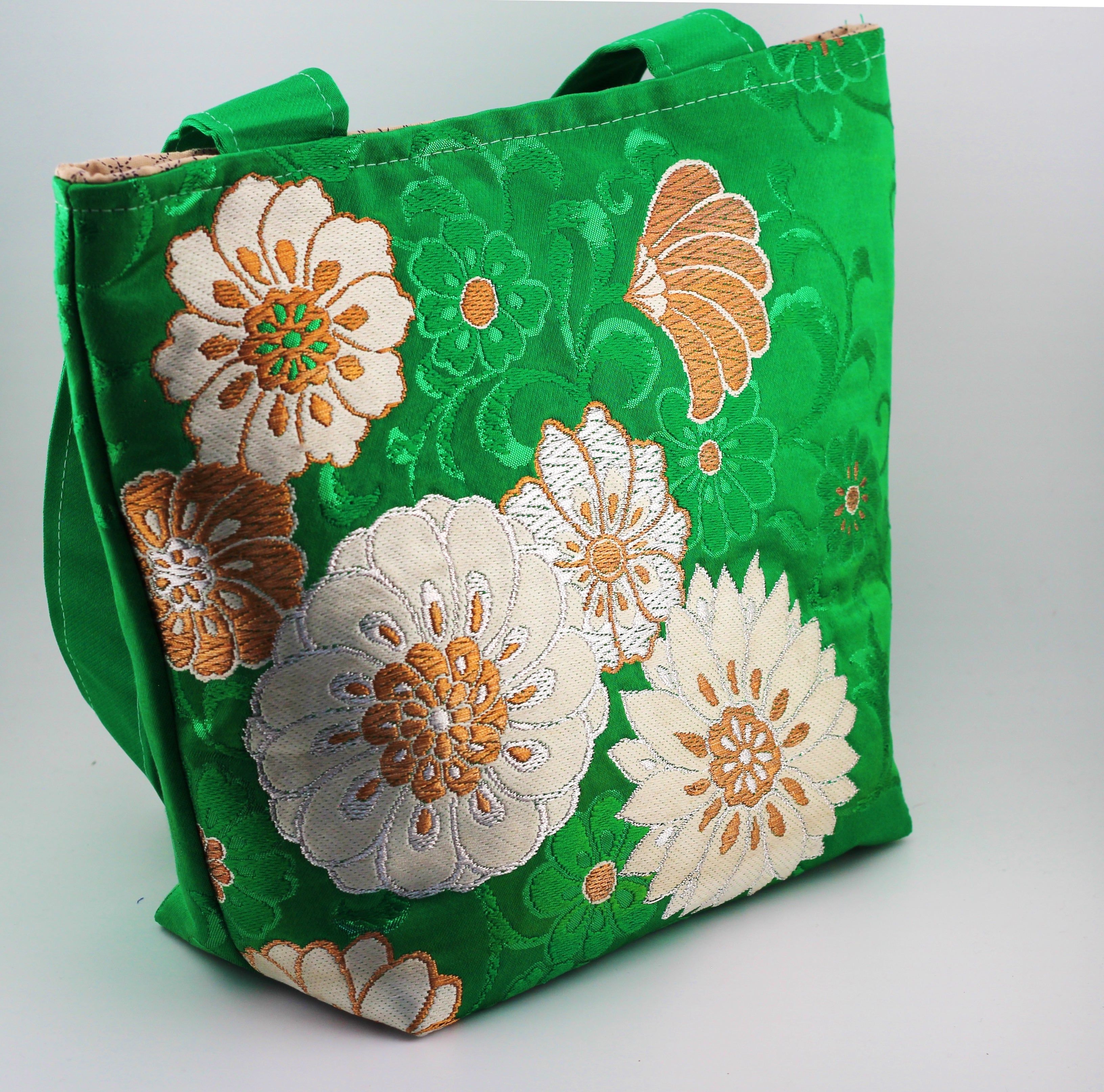 Vintage obi tote bag - green and gold flowers