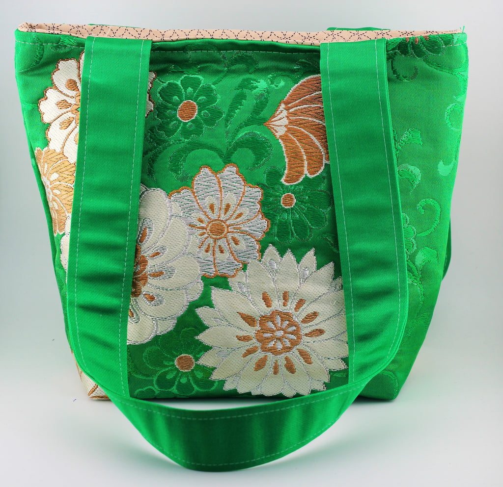 Vintage obi tote bag - green and gold flowers