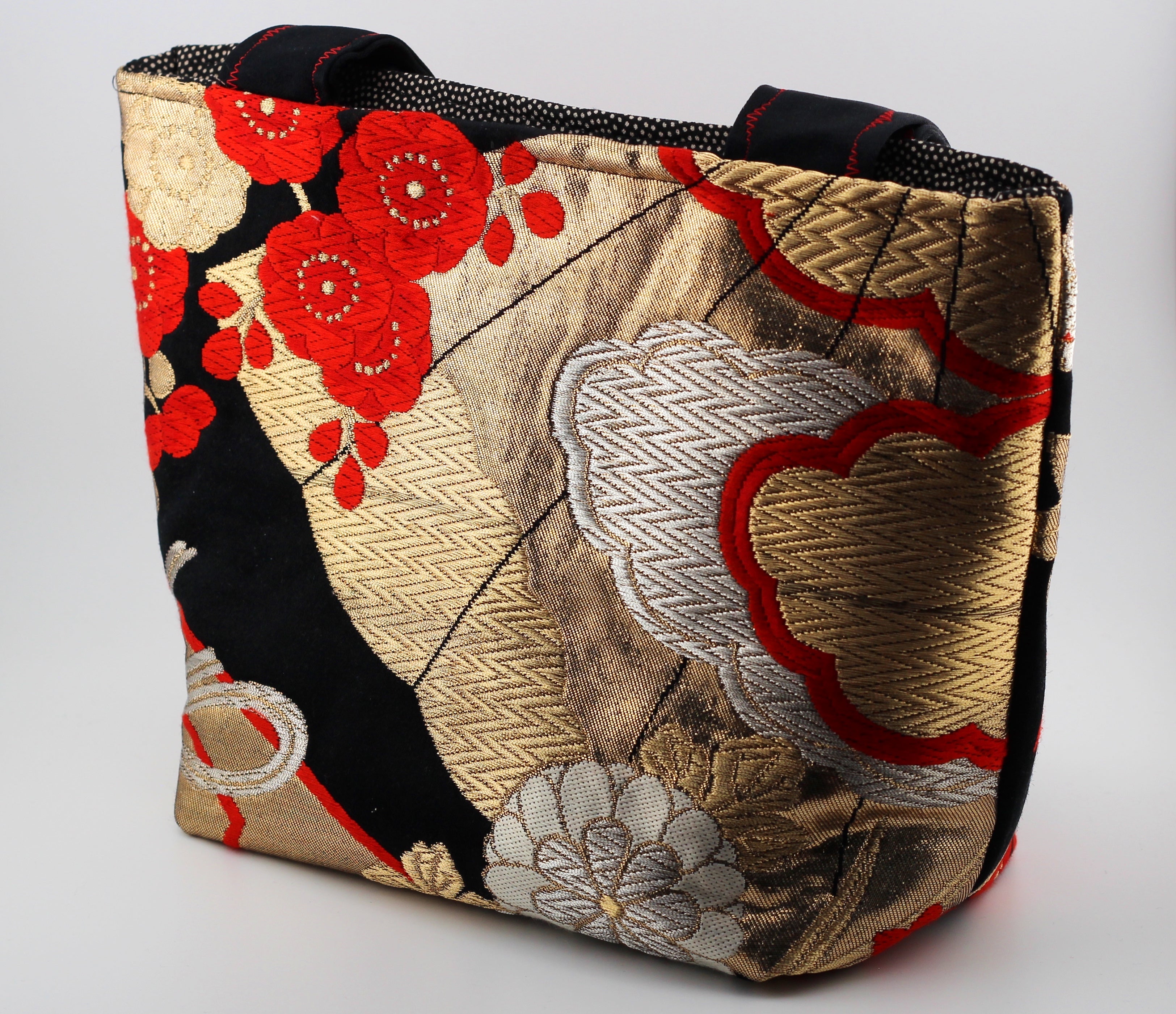 Vintage obi tote bag - red peonies