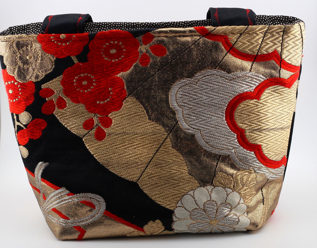Vintage obi tote bag - red peonies
