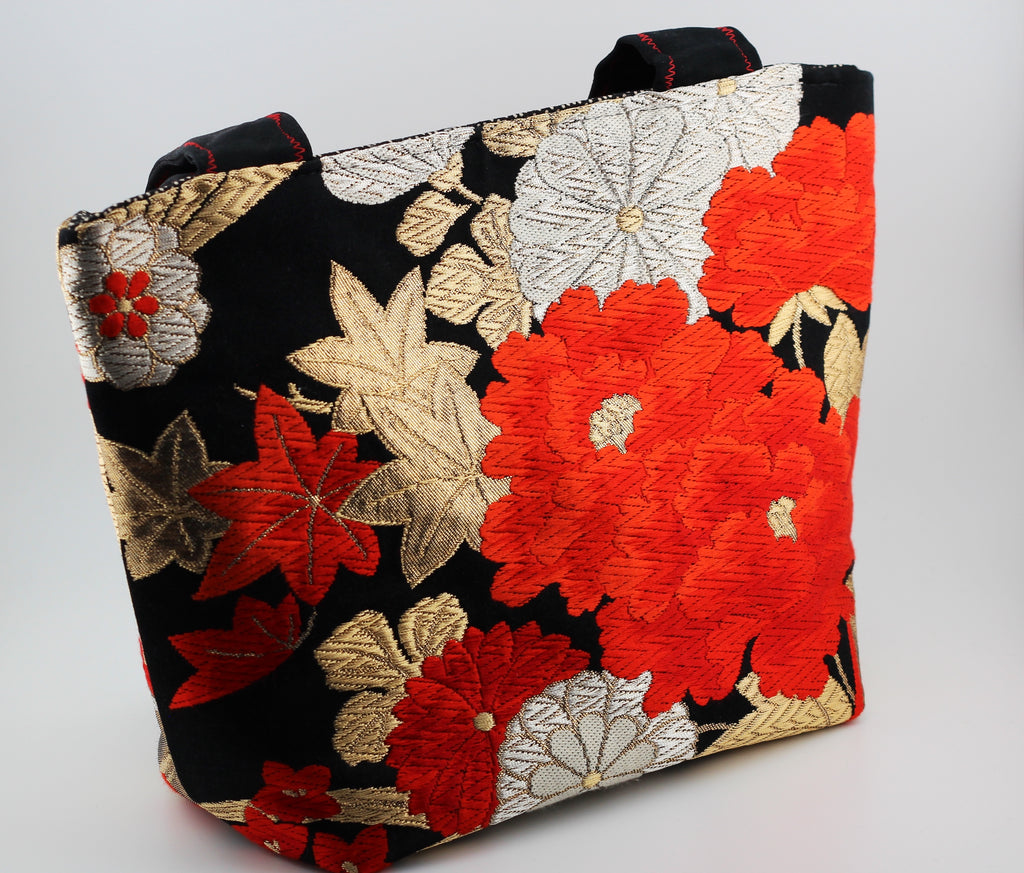 Vintage obi tote bag - red peonies