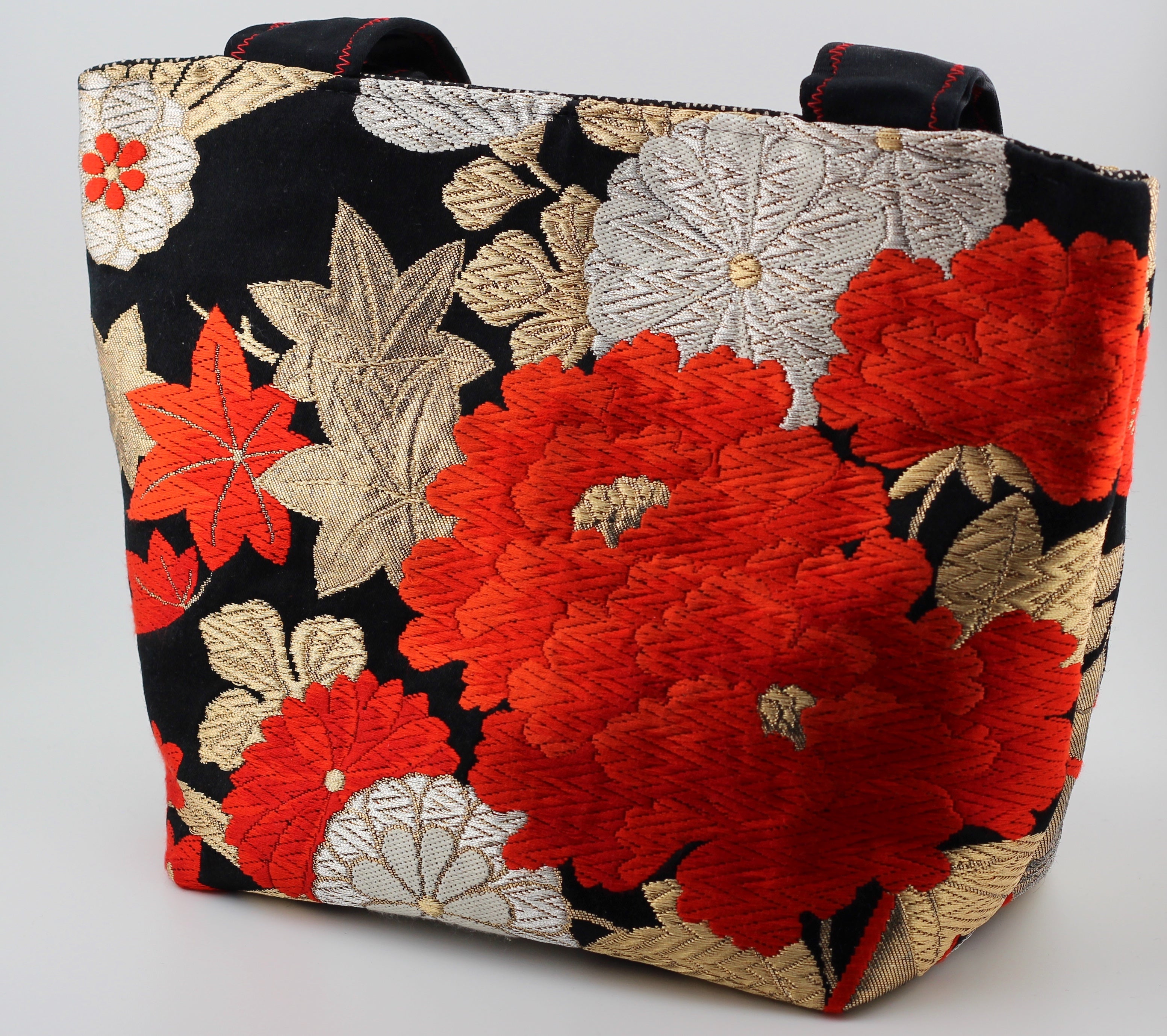 Vintage obi tote bag - red peonies