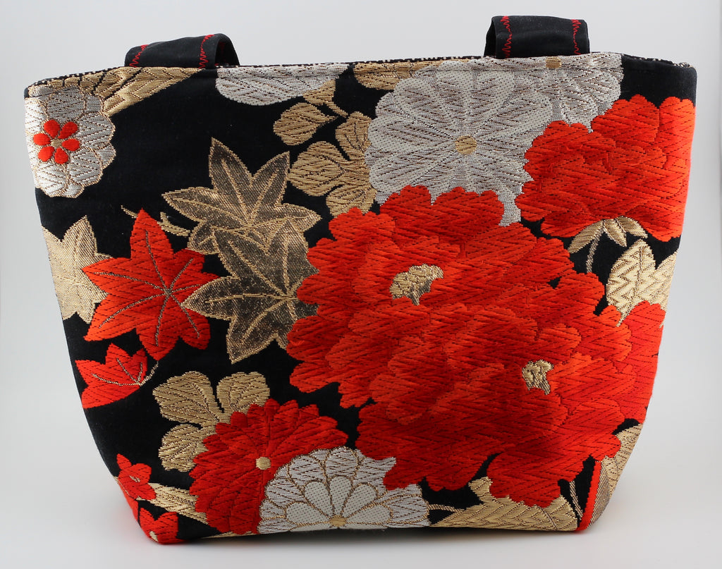 Vintage obi tote bag - red peonies