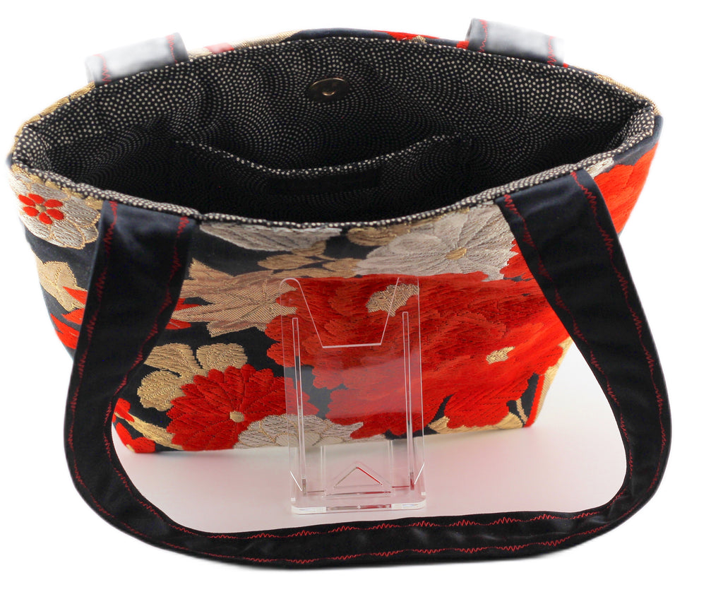 Vintage obi tote bag - red peonies