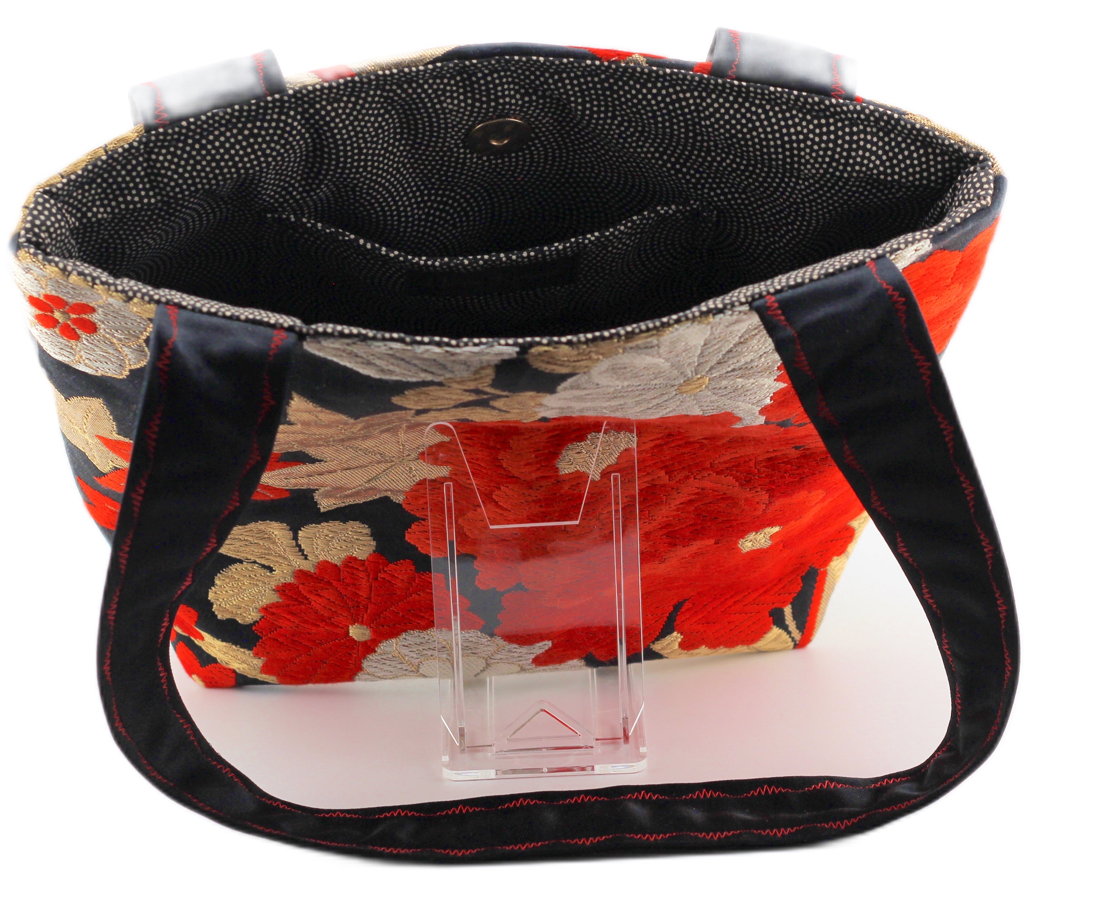 Vintage obi tote bag - red peonies