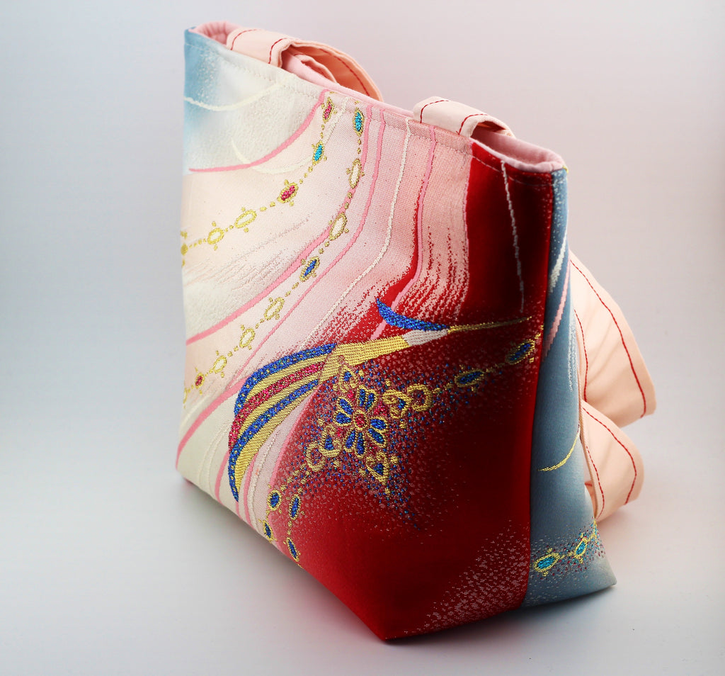 Vintage obi tote bag - pink peacock