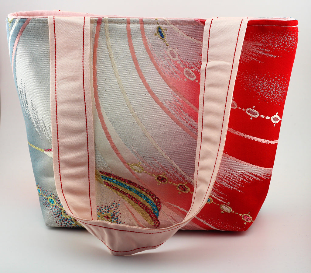 Vintage obi tote bag - pink peacock