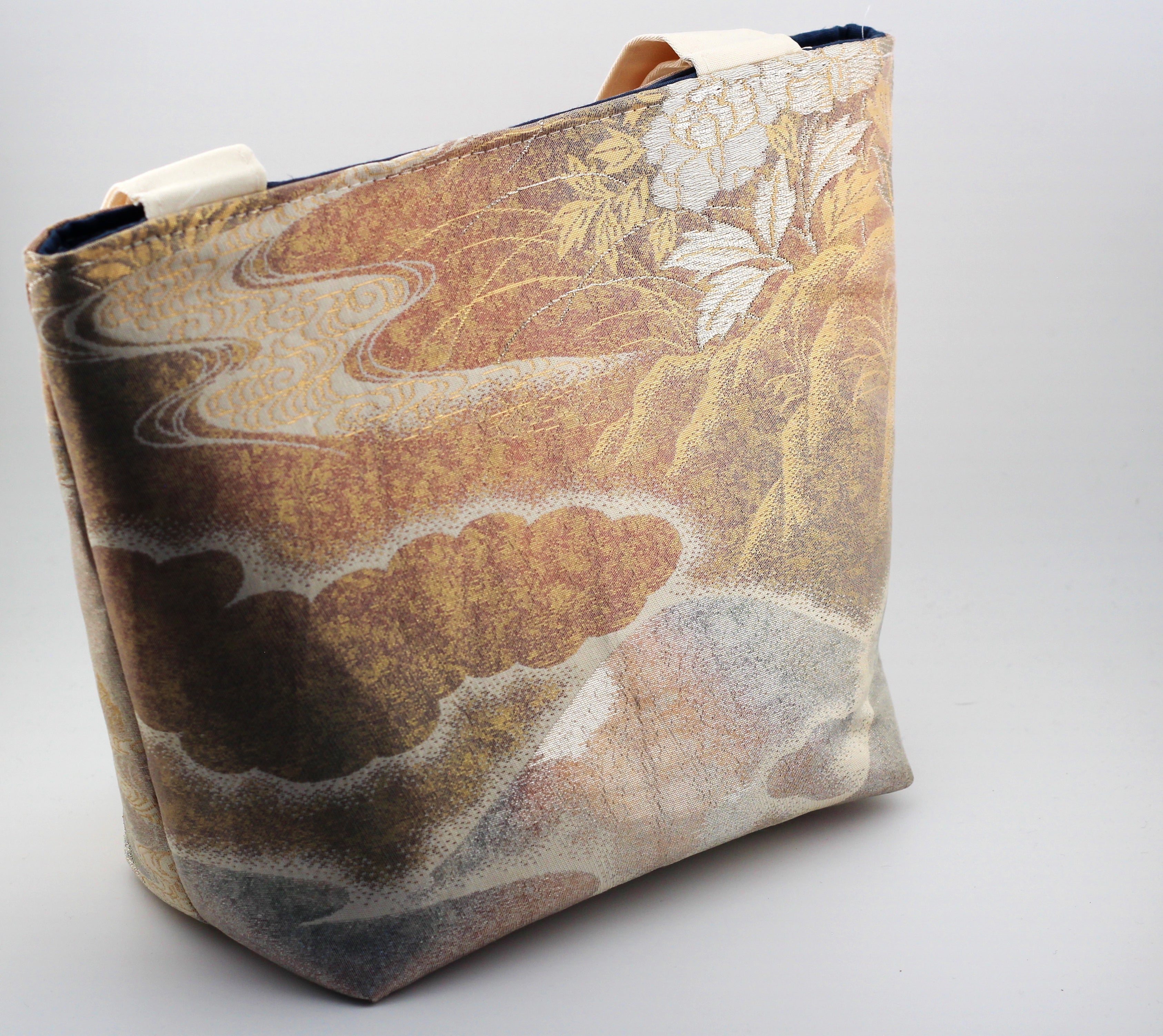 Vintage obi tote bag - rose and silver mountains