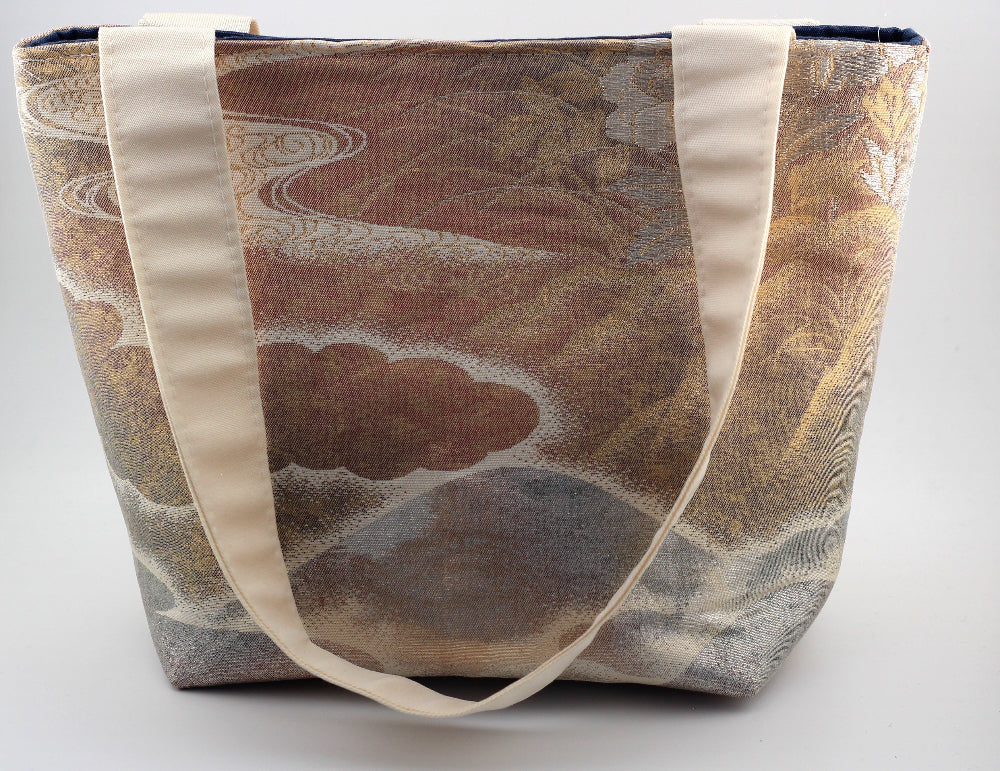 Vintage obi tote bag - rose and silver mountains