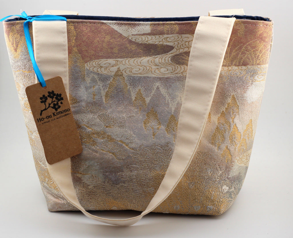 Vintage obi tote bag - rose and silver mountains