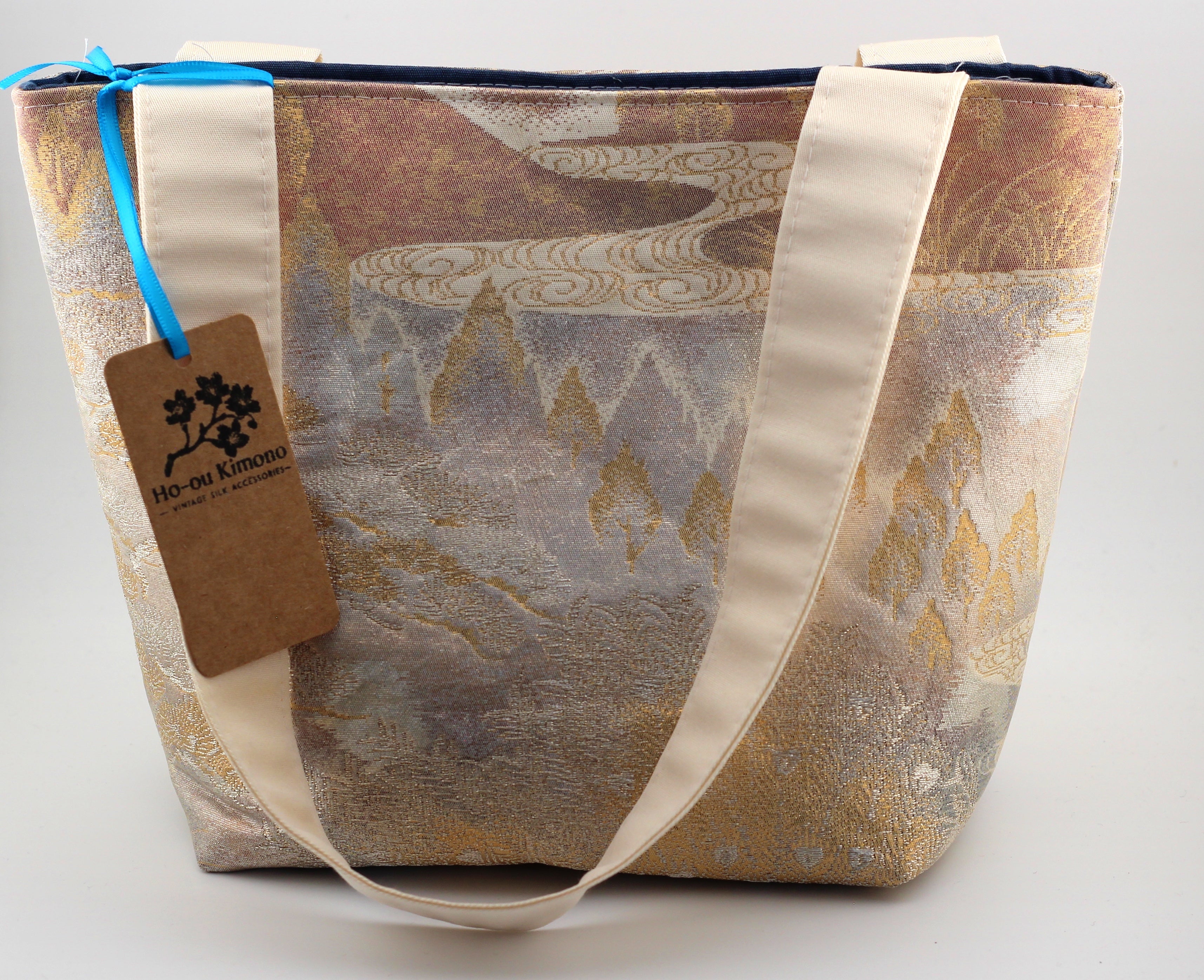 Vintage obi tote bag - rose and silver mountains