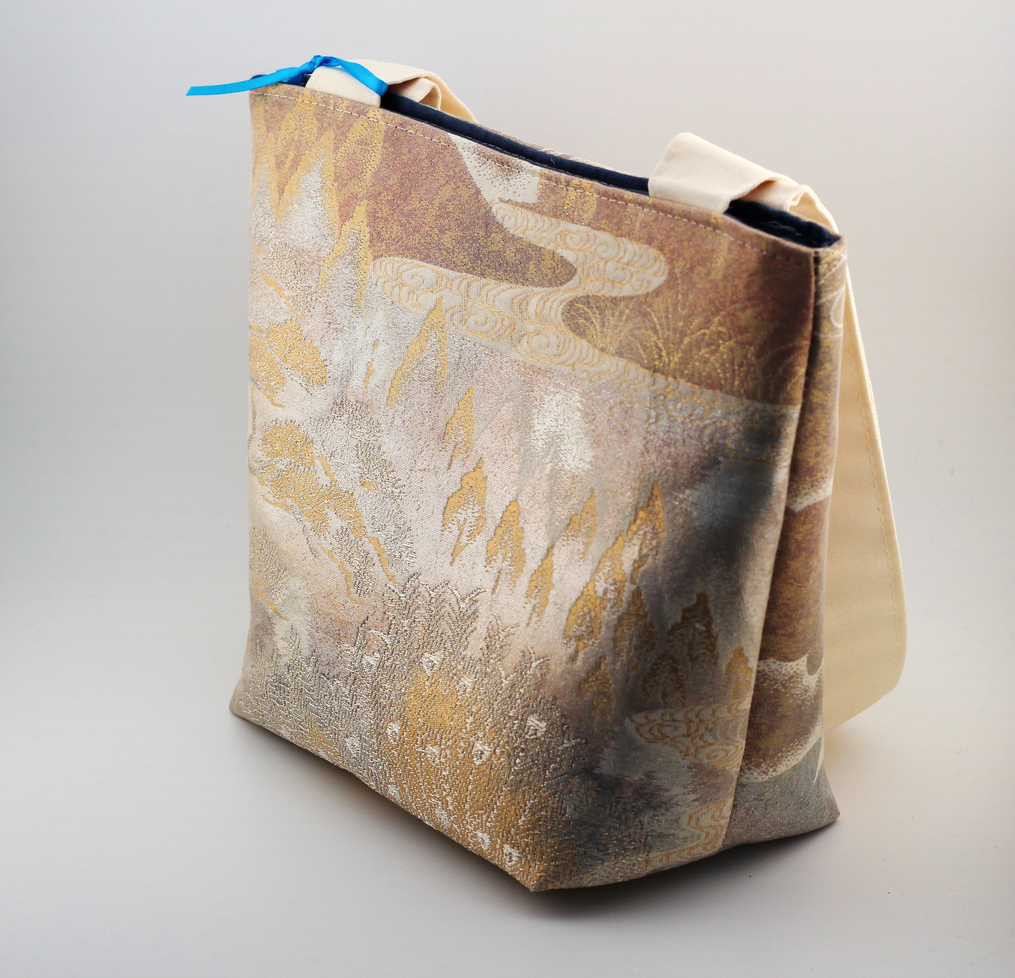 Vintage obi tote bag - rose and silver mountains