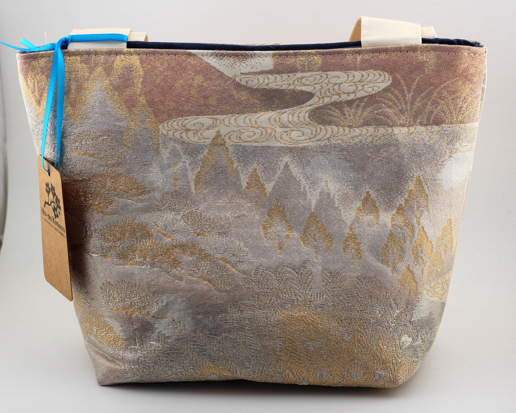 Vintage obi tote bag - rose and silver mountains