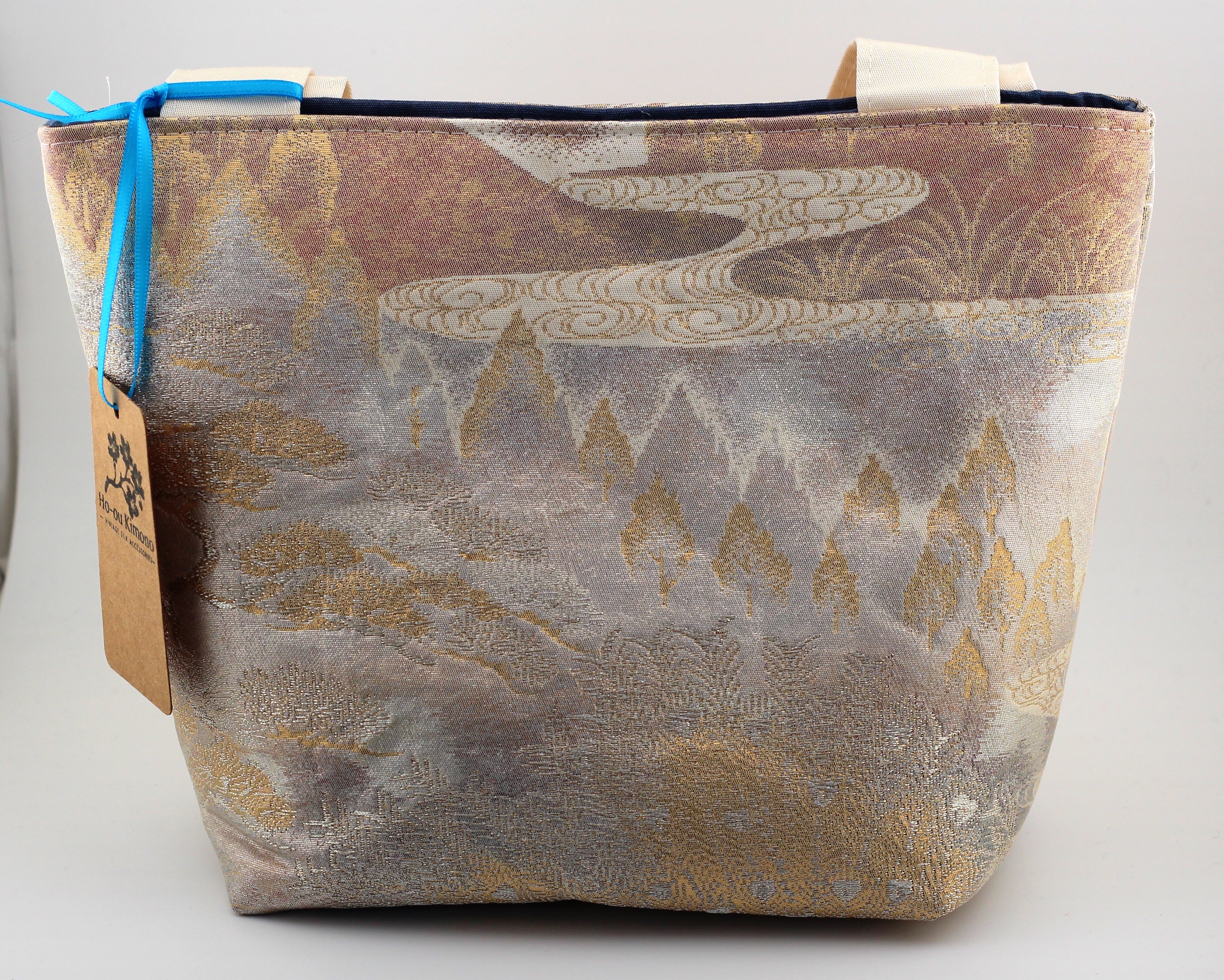 Vintage obi tote bag - rose and silver mountains