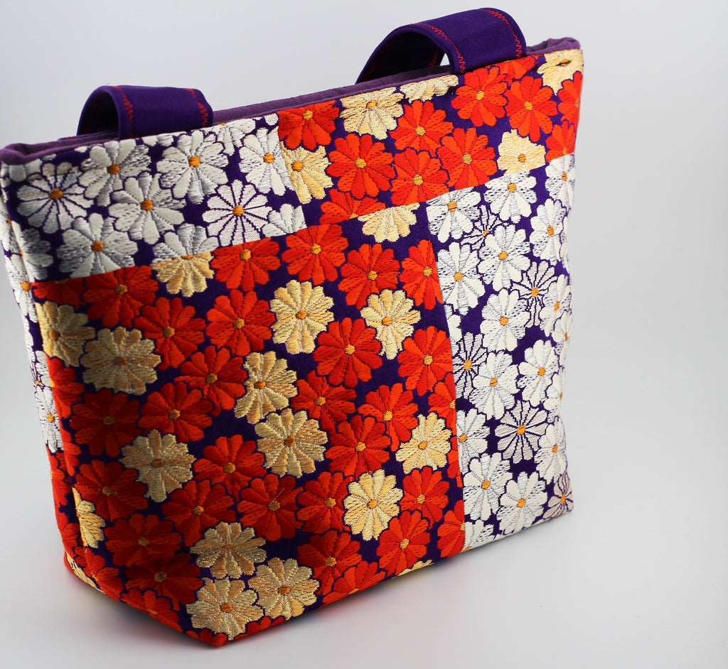 Vintage obi tote bag - red, gold, purple flowers