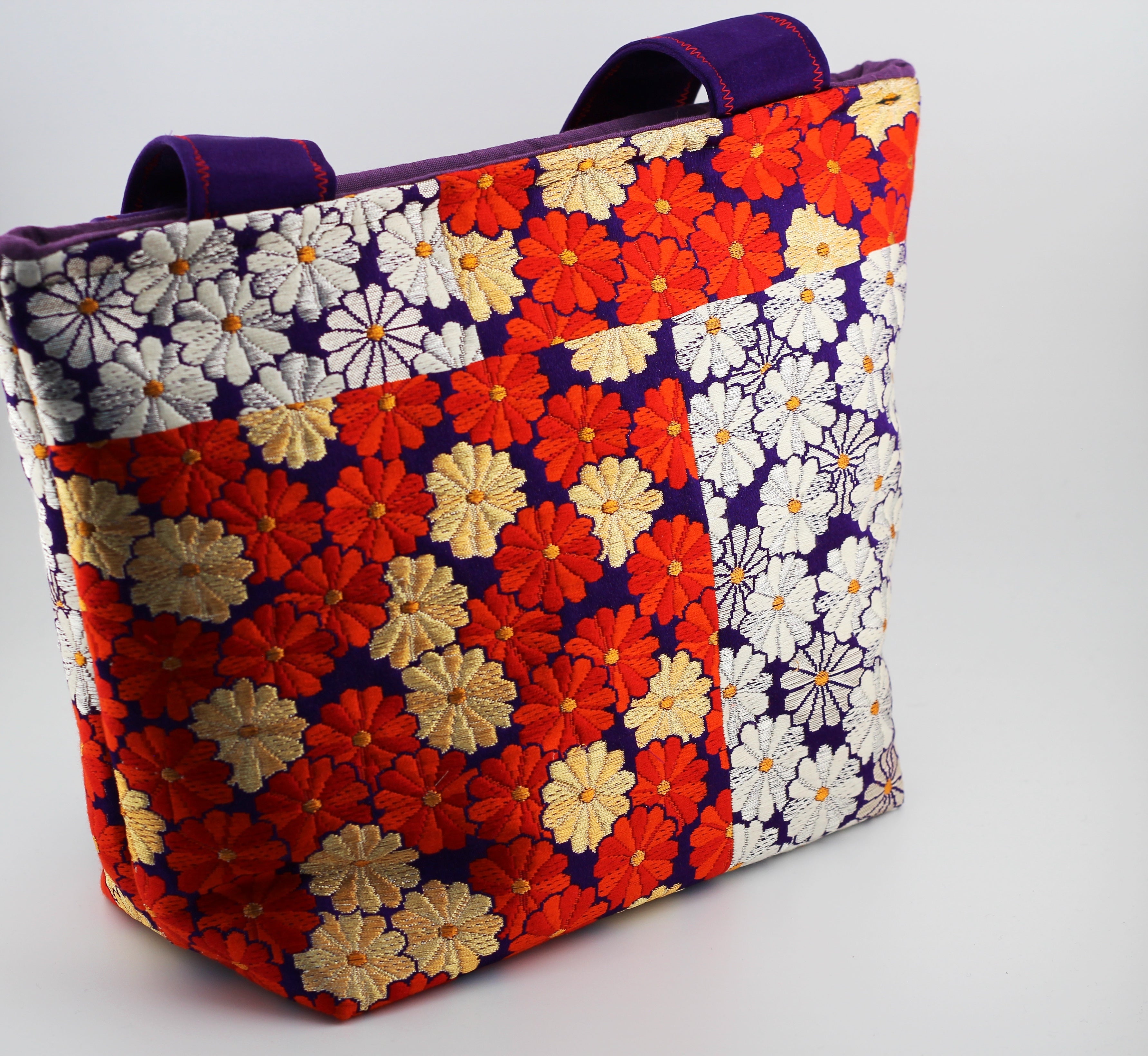 Vintage obi tote bag - red, gold, purple flowers