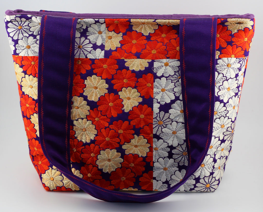 Vintage obi tote bag - red, gold, purple flowers