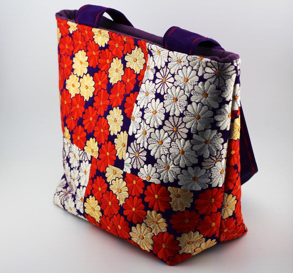 Vintage obi tote bag - red, gold, purple flowers