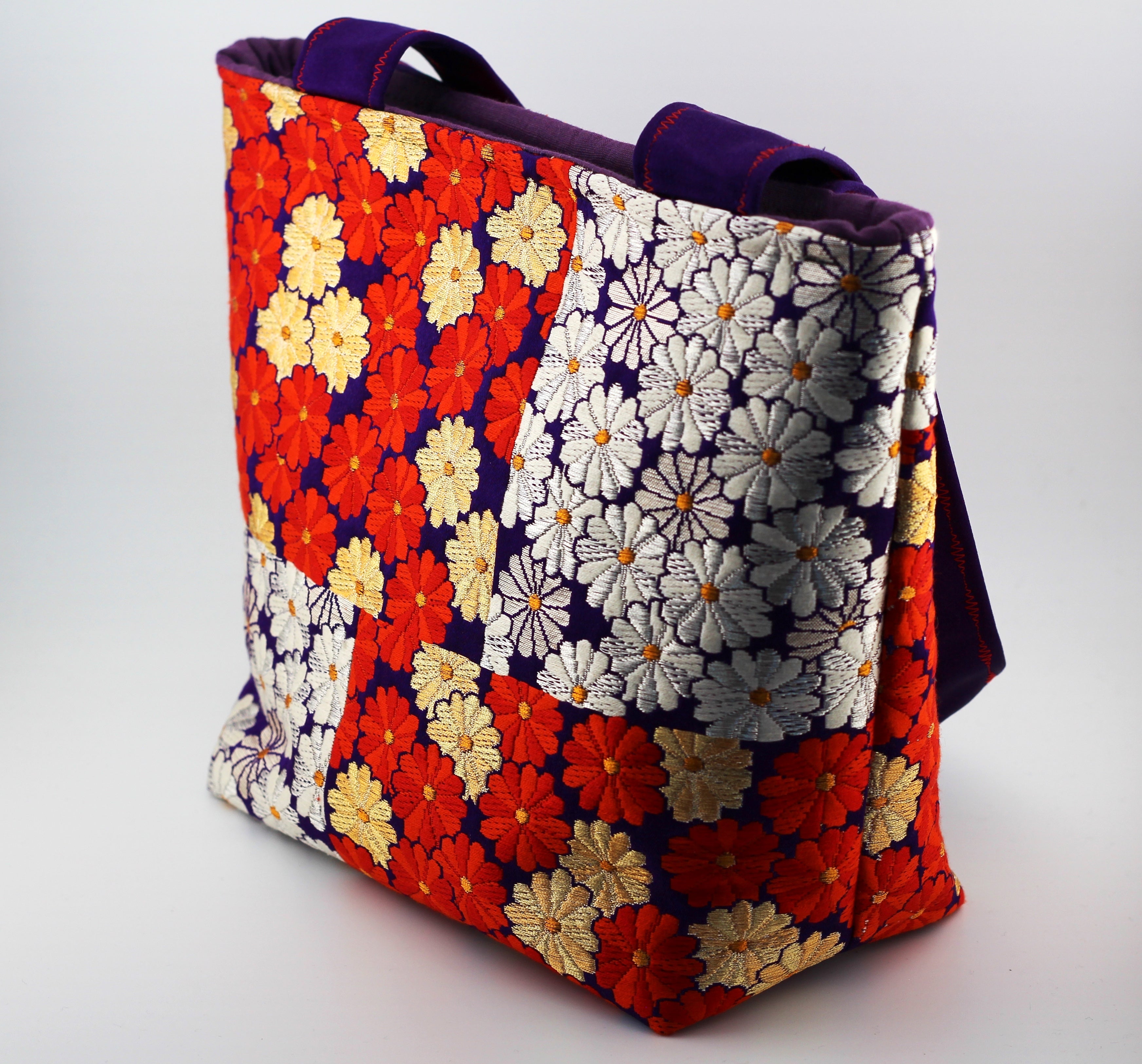 Vintage obi tote bag - red, gold, purple flowers