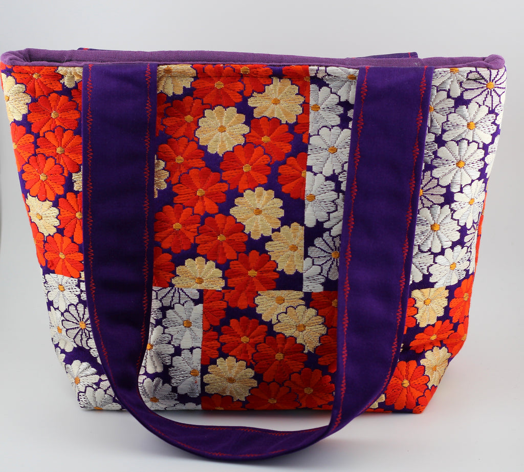 Vintage obi tote bag - red, gold, purple flowers
