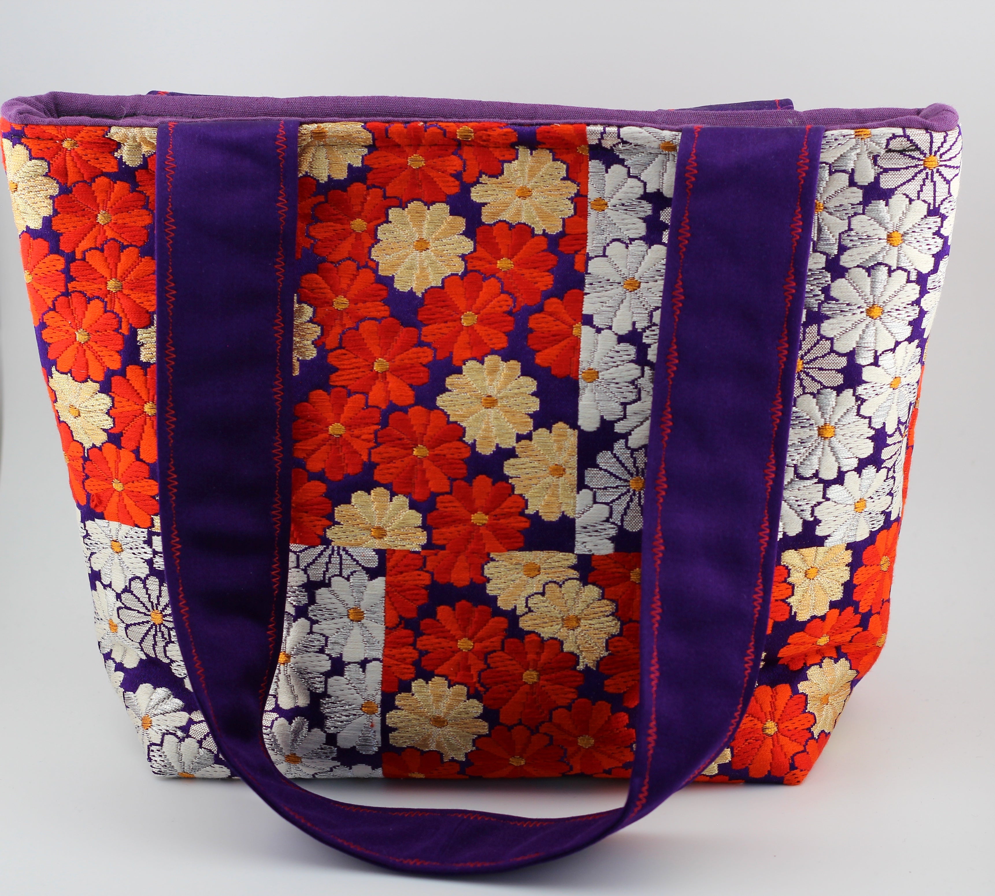 Vintage obi tote bag - red, gold, purple flowers