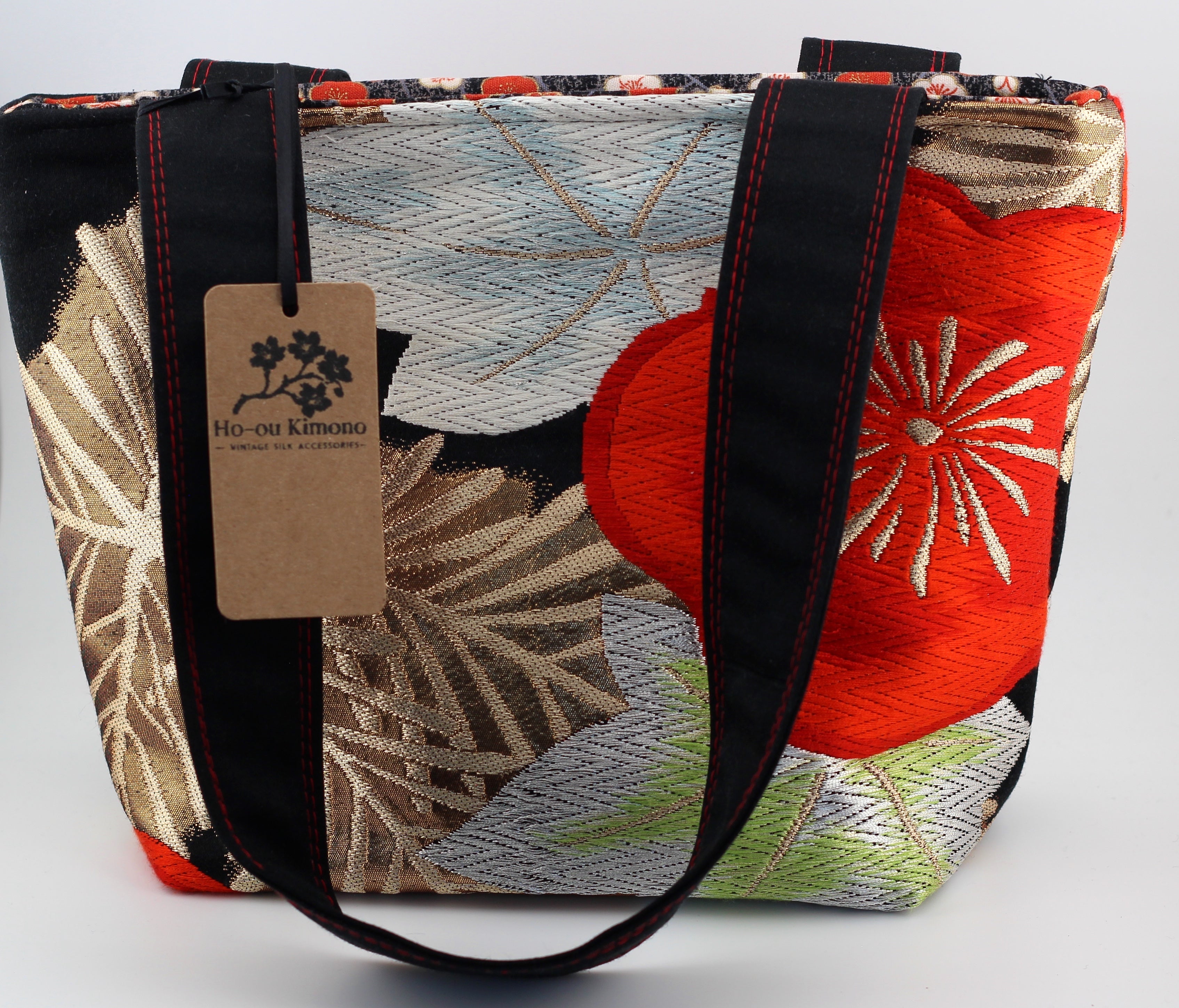 Vintage obi tote bag - green and blue maple